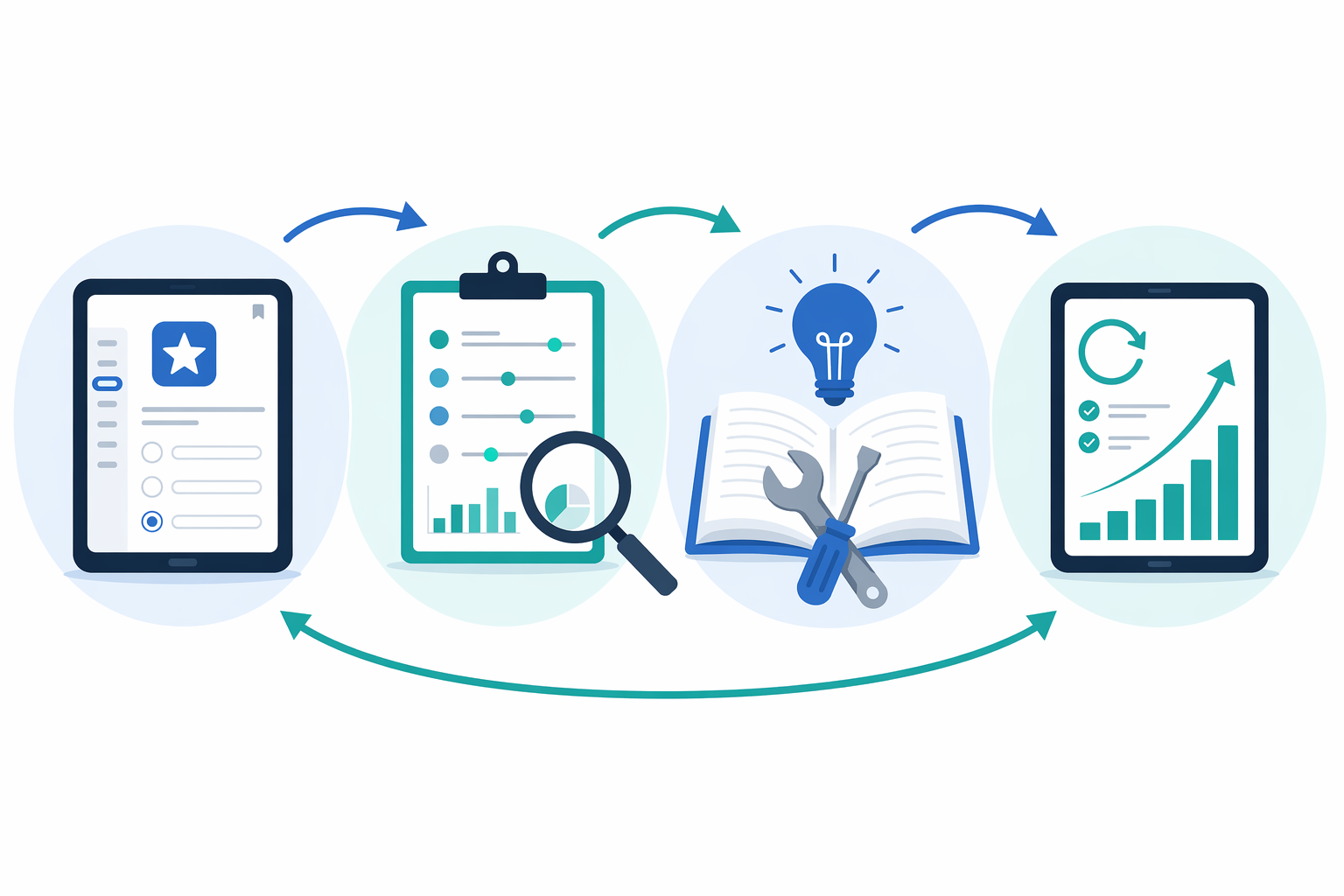 Four-step SAT Math prep workflow showing test, analyze, repair, and retest