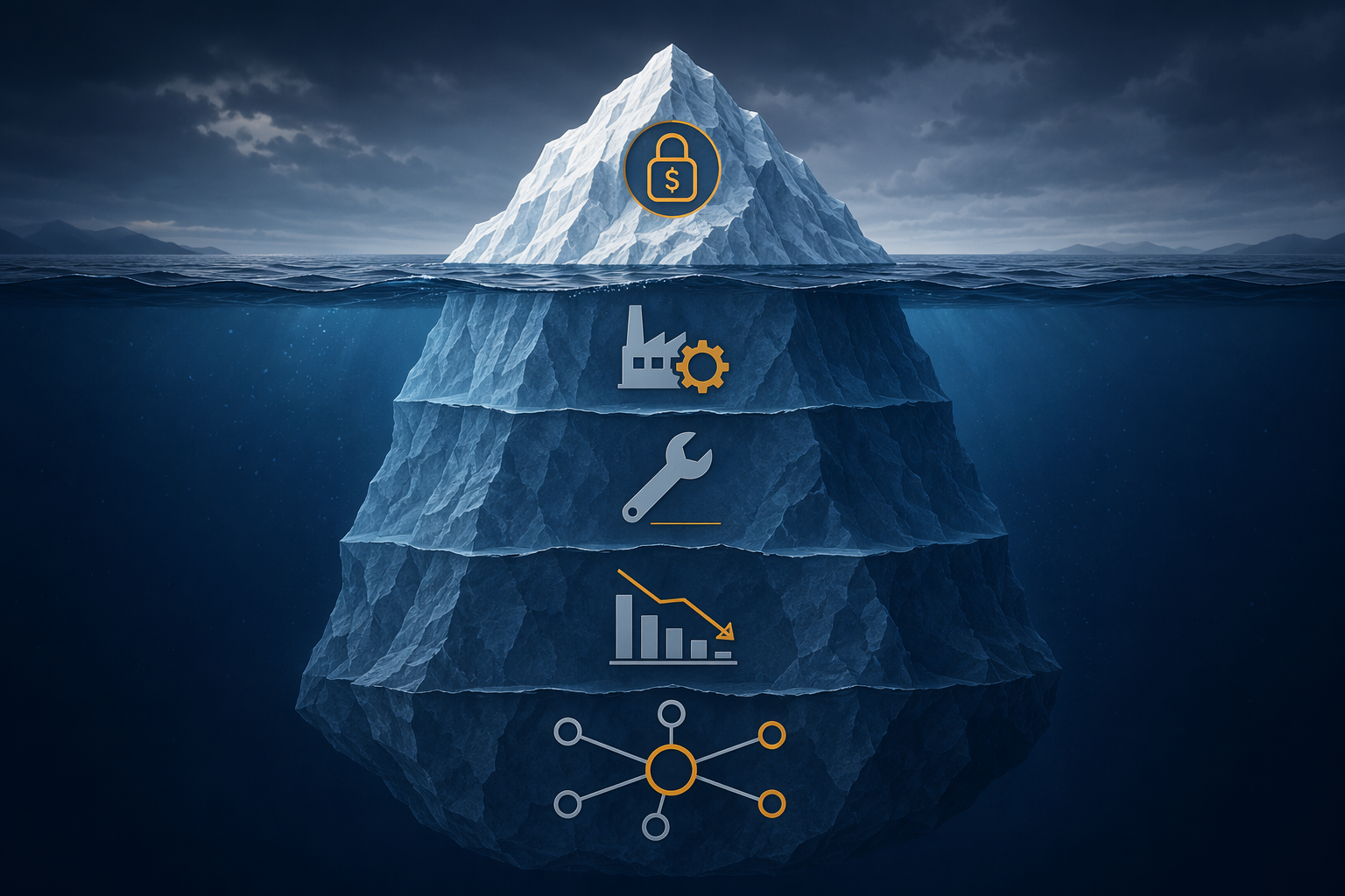 Iceberg infographic showing ransom above the waterline and larger cost layers below including downtime, recovery, lost business, and supply chain disruption