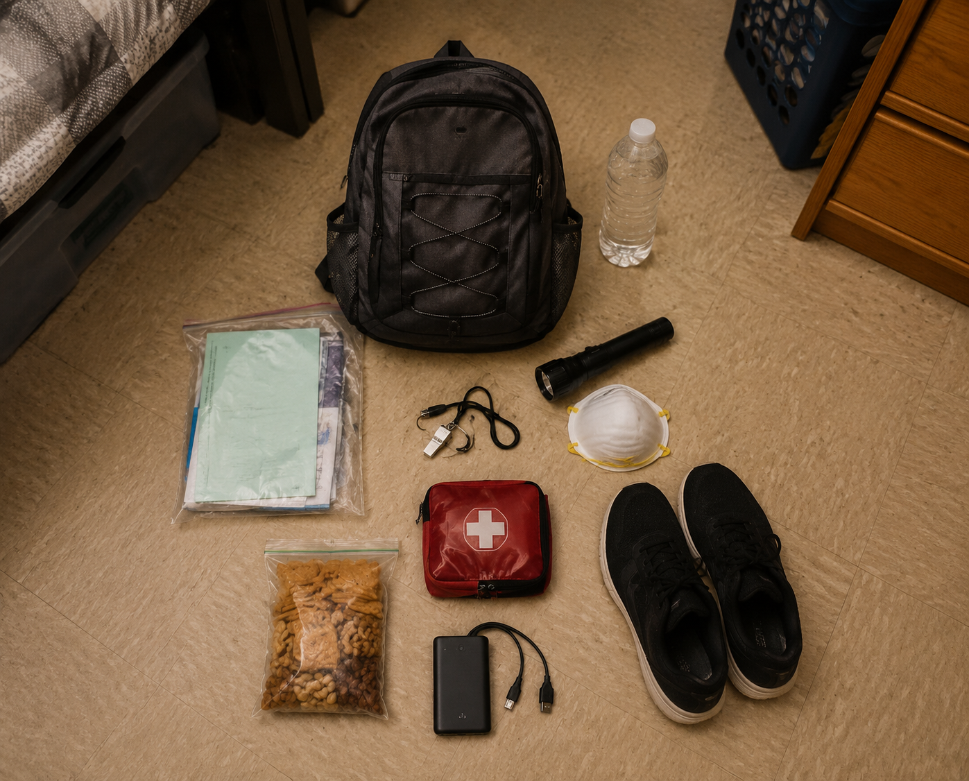 A flat-lay view of a small dorm-room go-bag with a backpack, water bottle, flashlight, dust mask, whistle, first aid kit, phone charger, sturdy shoes, snacks, and documents in a plastic bag