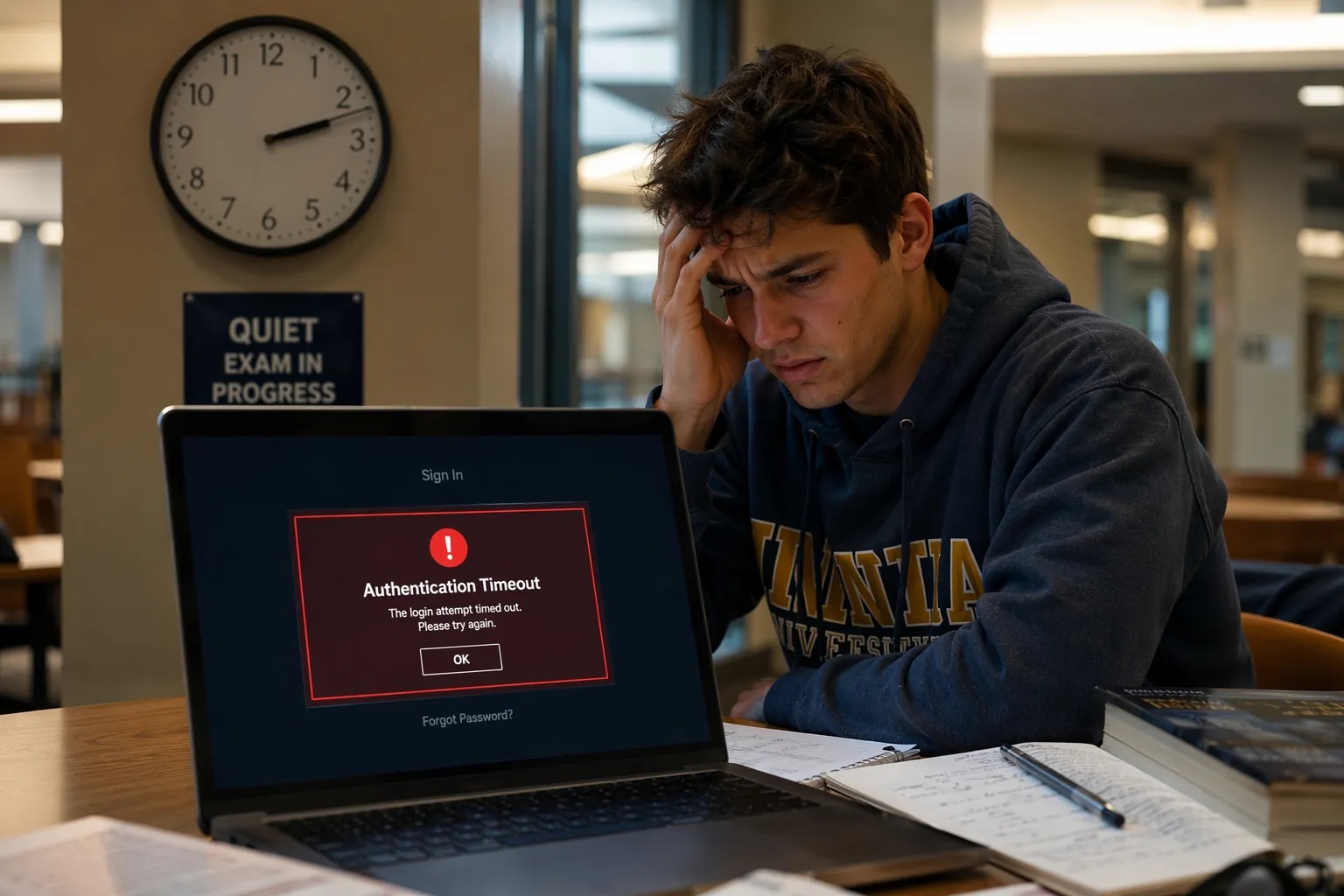 A stressed student blocked by an authentication error during an active exam window