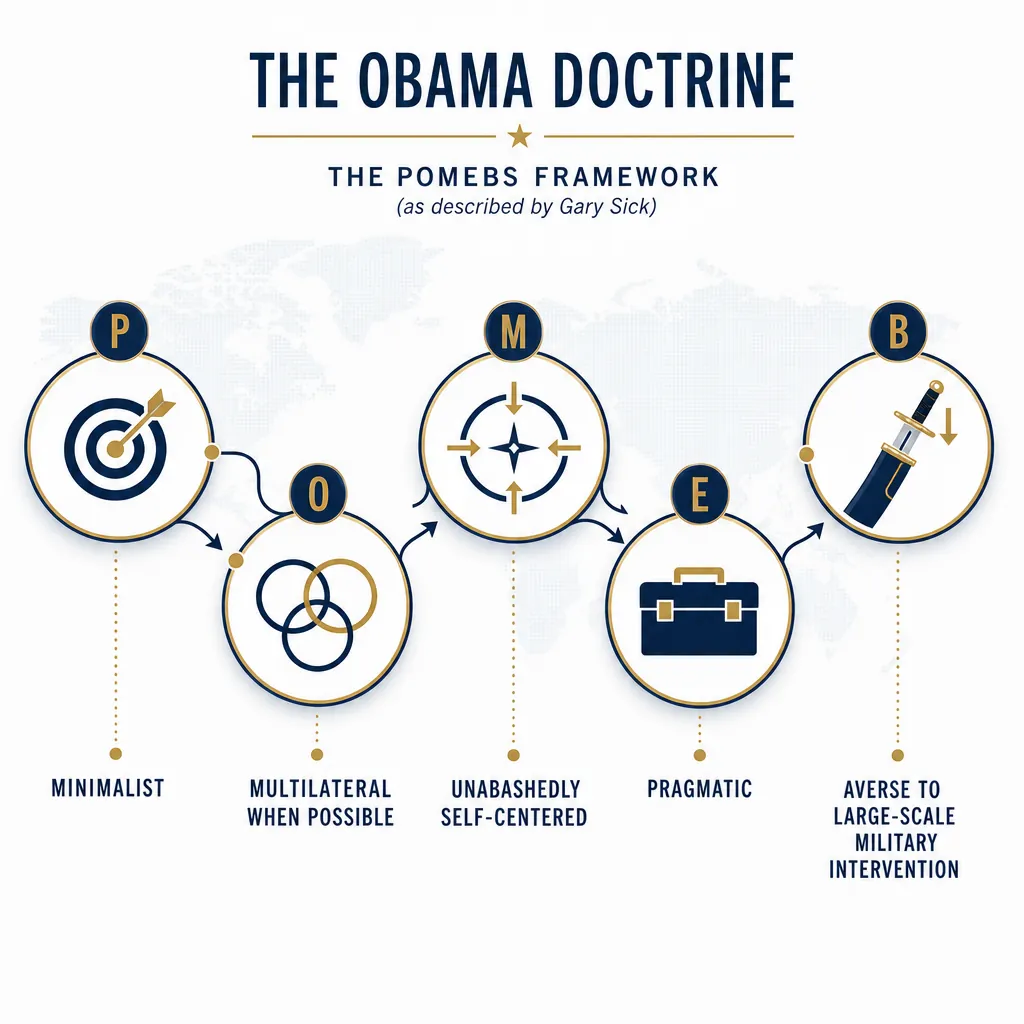 Infographic showing the POMEBS framework of the Obama Doctrine with five connected modules