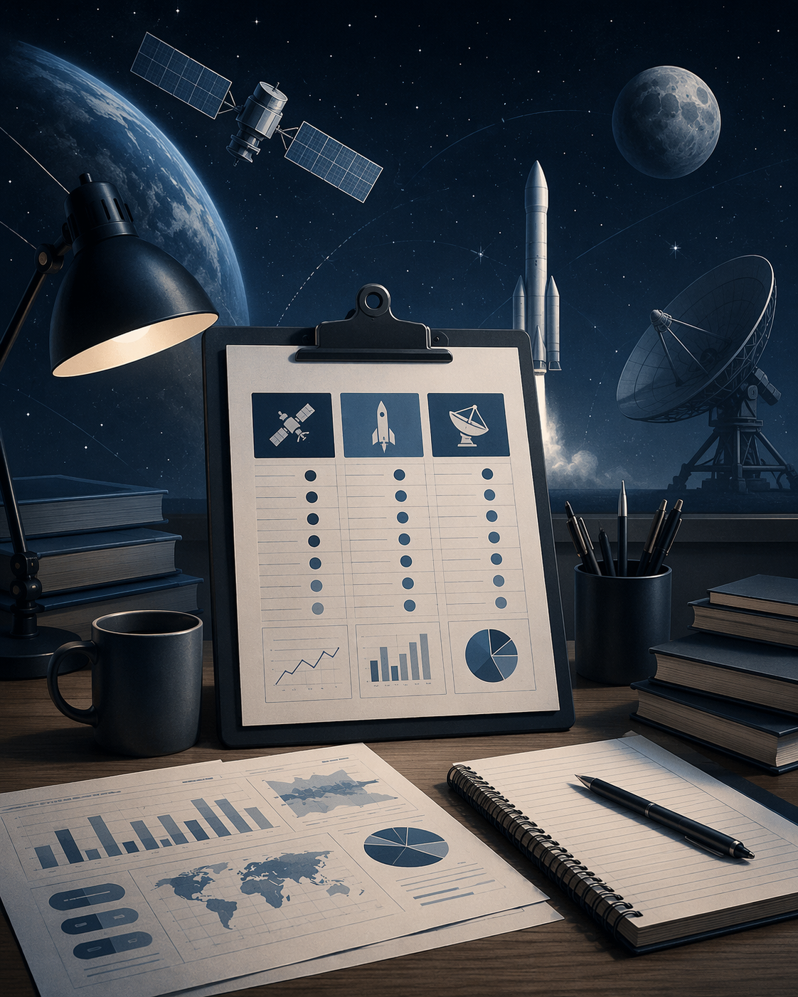 Analytical workspace with charts, data points, a clipboard, a satellite, and a rocket in a night sky