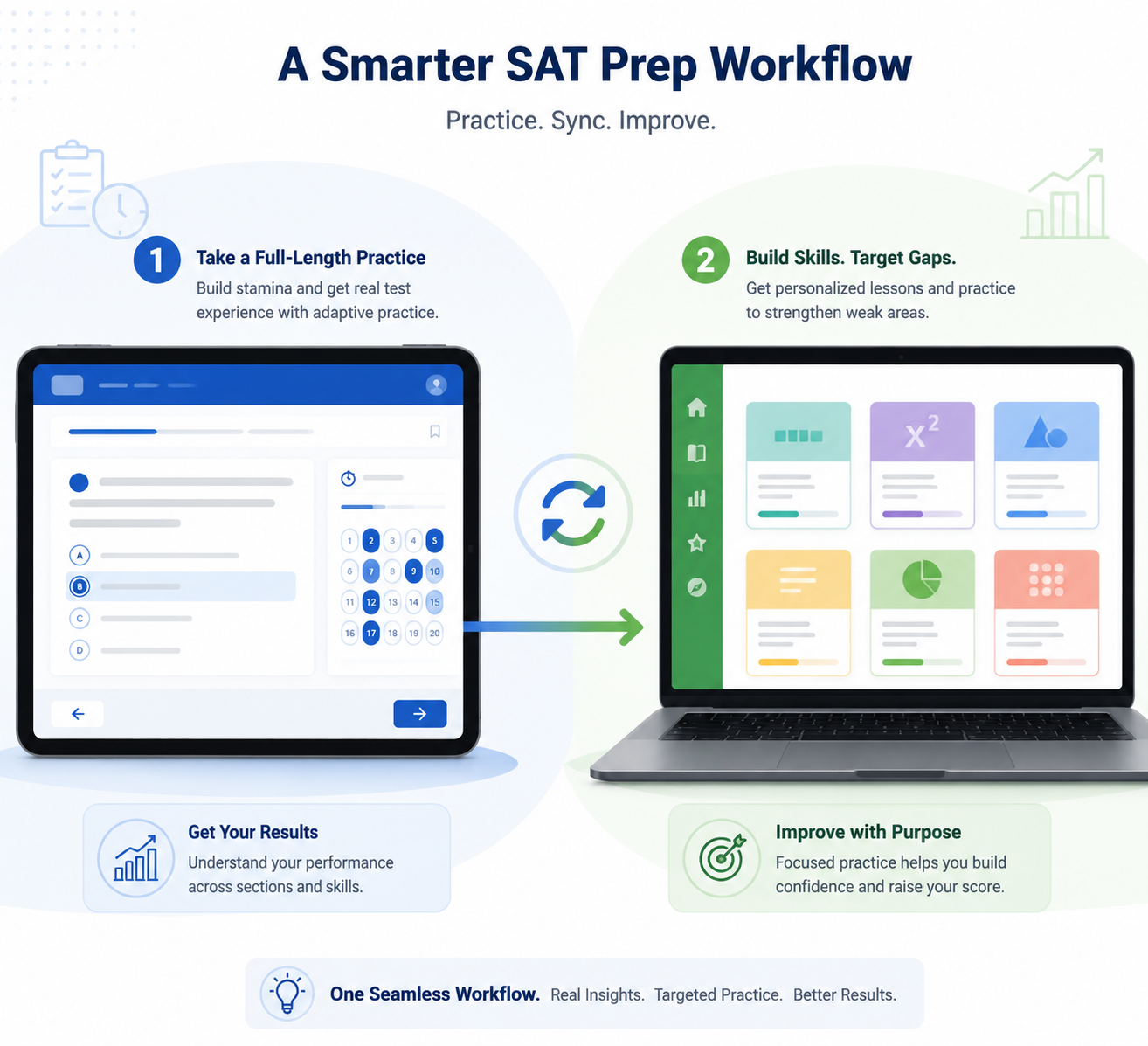 Bluebook digital test interface connected to Khan Academy skill lesson cards