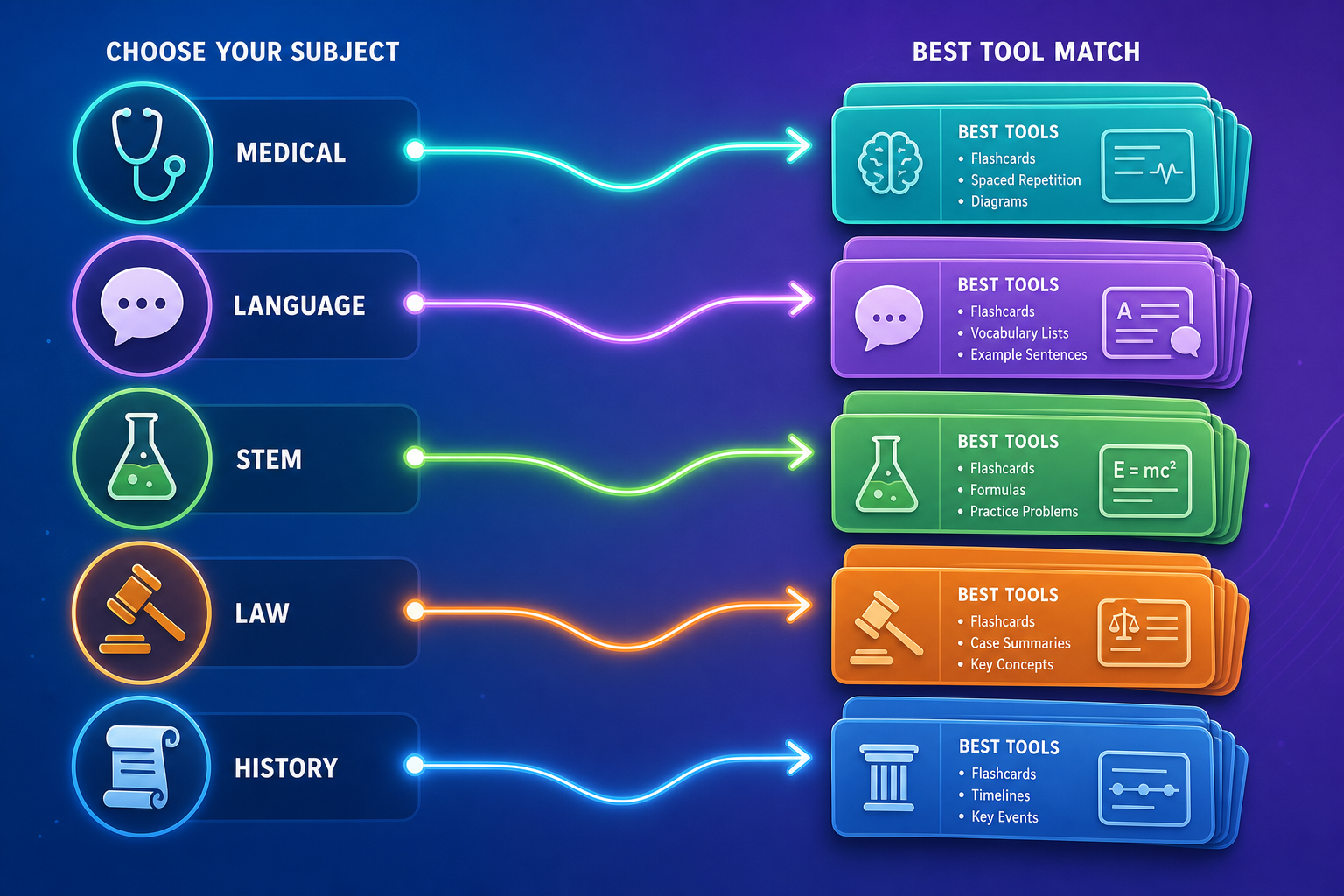 A decision-path illustration showing five study subjects (Medical, Language, STEM, Law, History) with glowing arrows leading to recommended flashcard tool clusters.