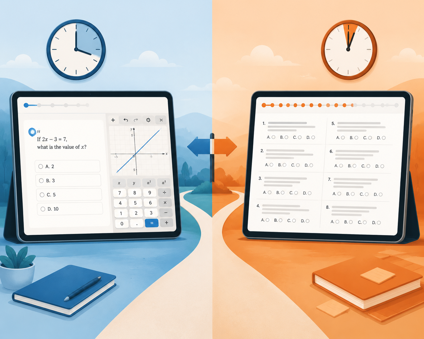 Split-screen illustration comparing the adaptive Digital SAT with the faster non-adaptive Enhanced ACT