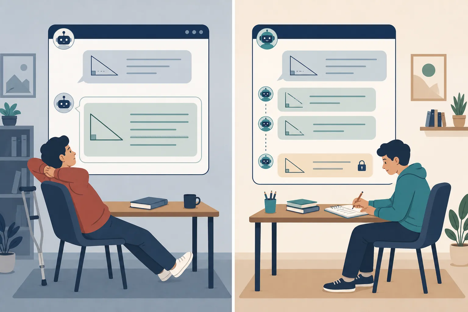 Side-by-side comparison of an unguarded chatbot giving a complete answer and a guardrailed tutor revealing reasoning steps