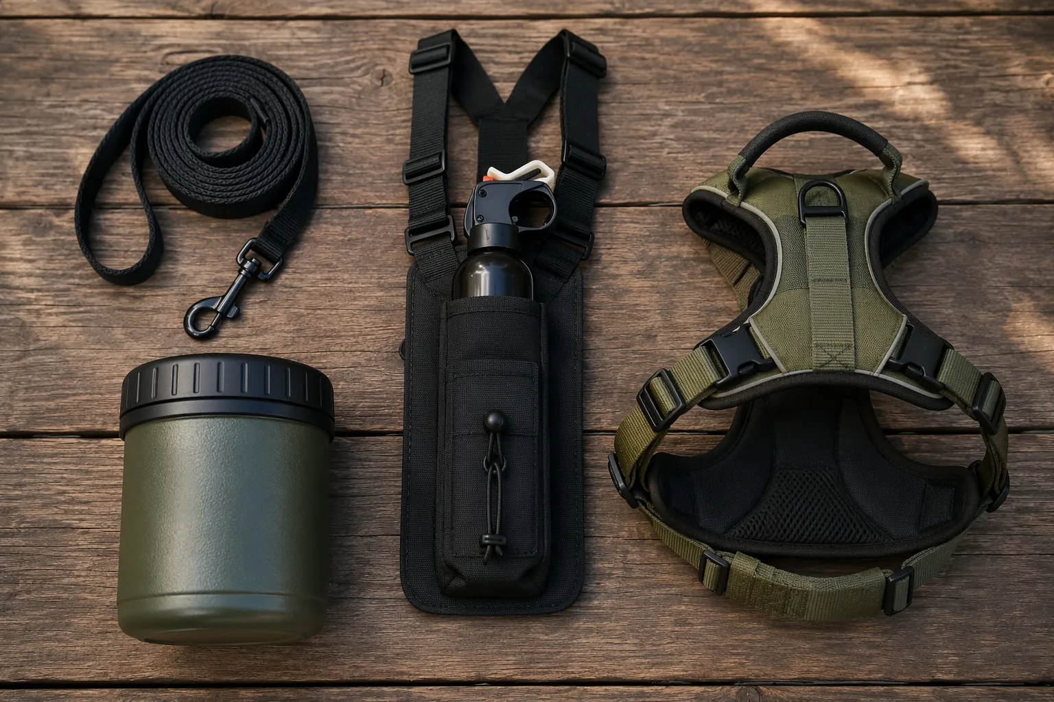 Bear safety gear including leash, bear spray, food canister, and dog harness