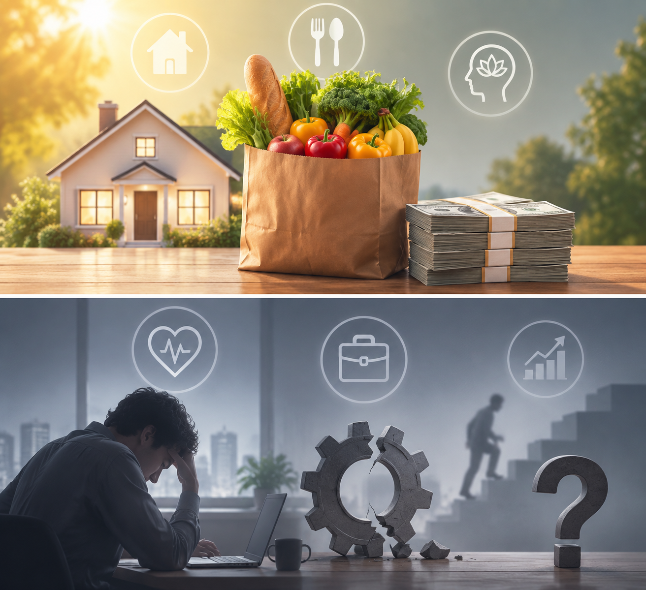 Household essentials and financial relief on one side, absent labor-market gains on the other