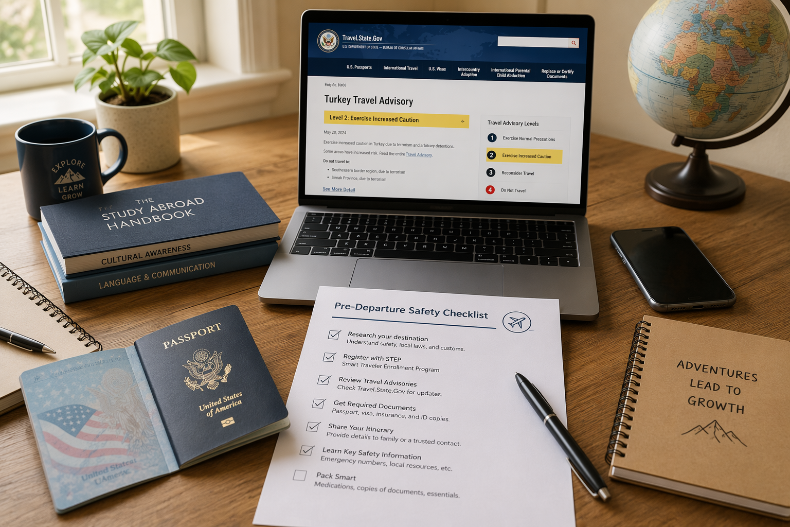 U.S. passport, pre-departure safety checklist, laptop with travel advisory website, smartphone, and globe on a desk
