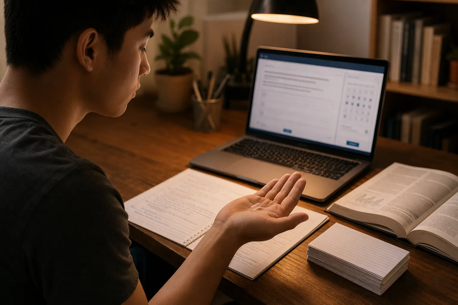 A student studies with a laptop practice test, notecards, textbook, notes, and a faint out-of-focus capsule in an open palm.