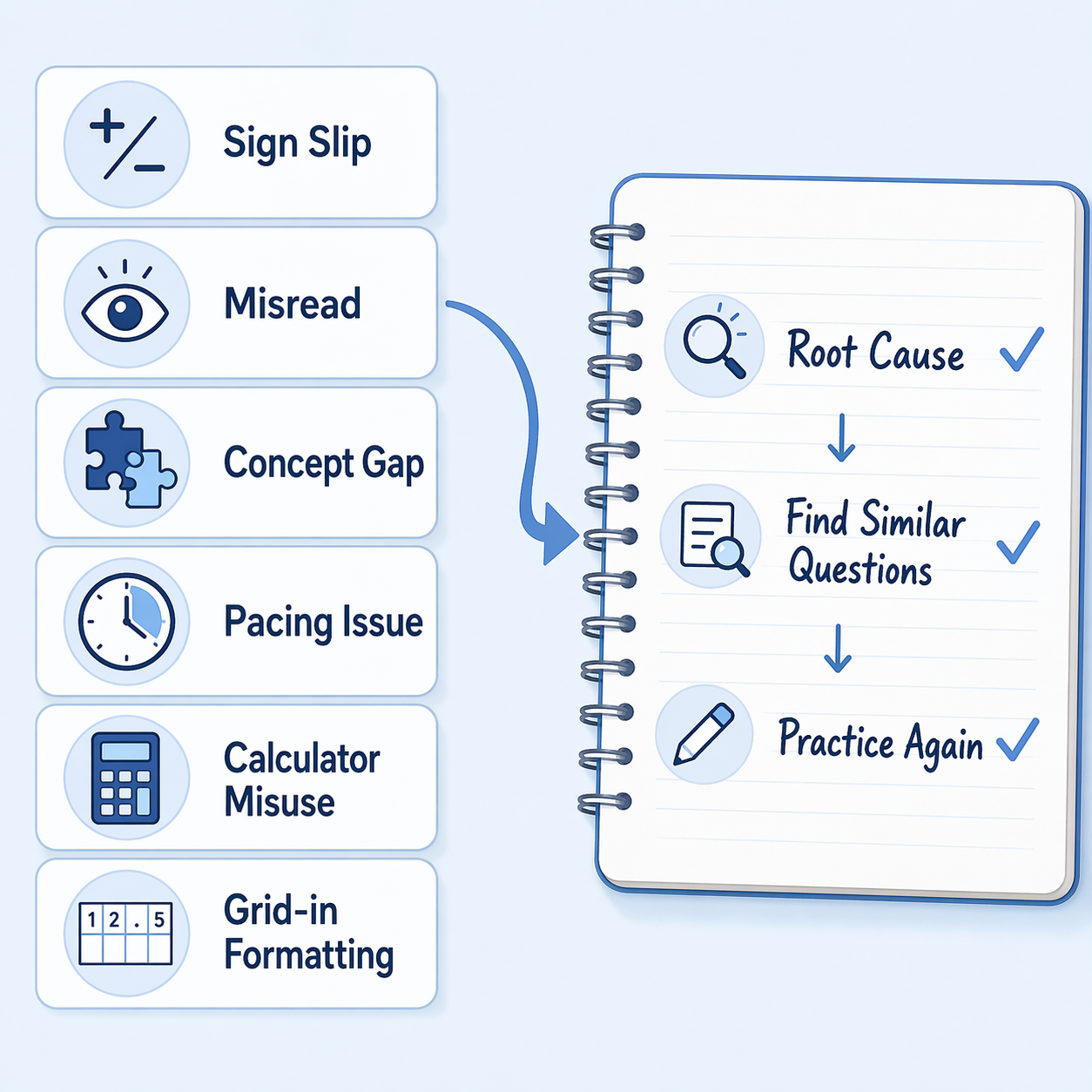 Mistake classification framework showing sign slip, misread, concept gap, pacing issue, calculator misuse, and grid-in formatting leading to root cause review and similar questions
