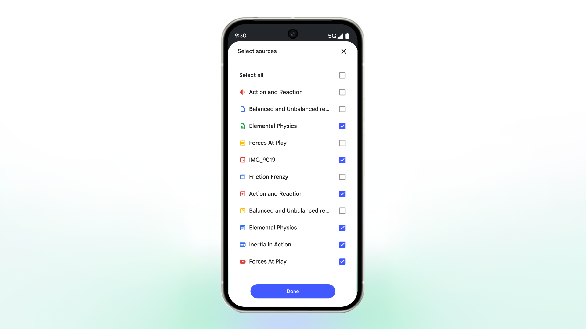 Google NotebookLM flashcard and quiz creation interface on a smartphone screen
