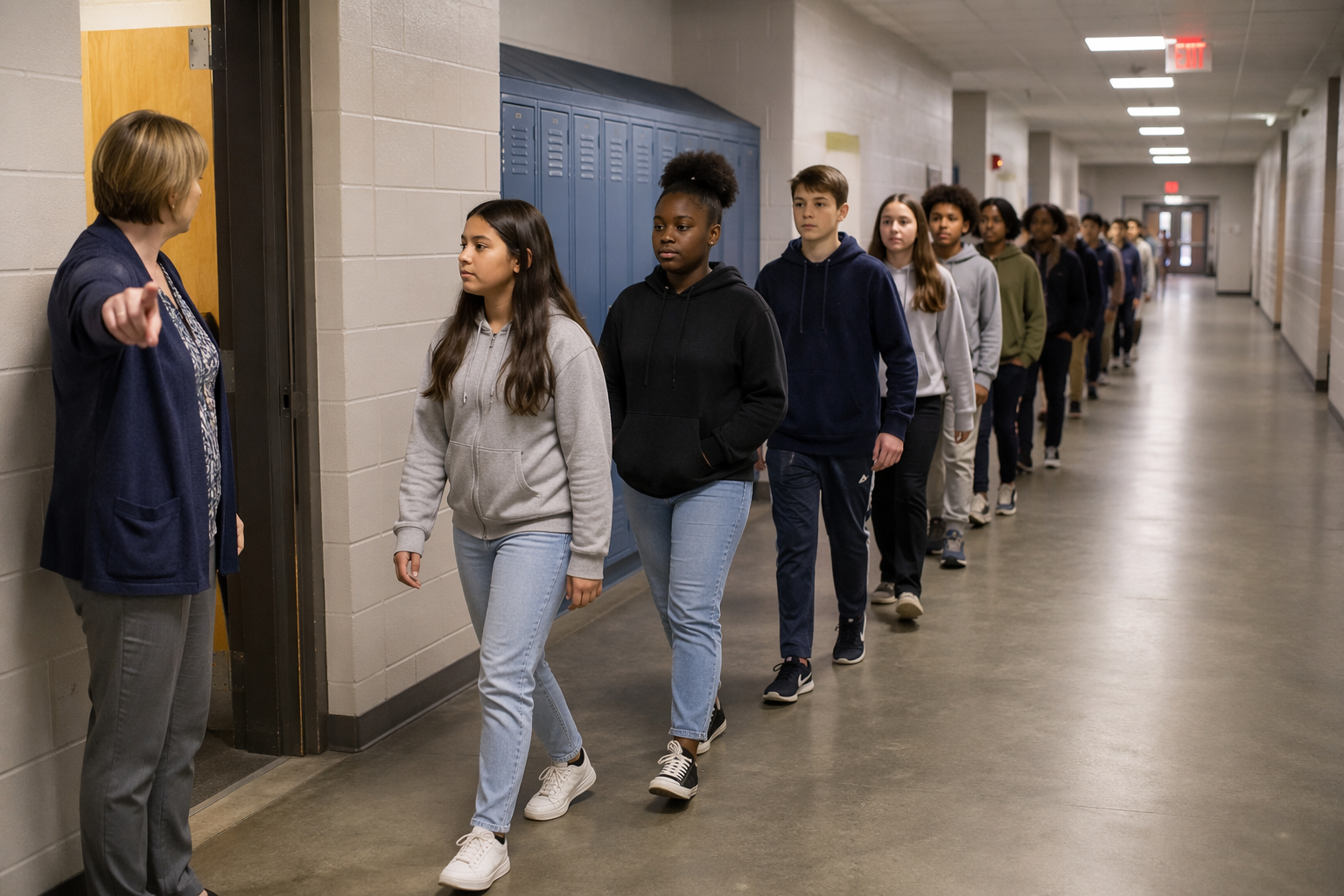 Students walking in a single-file line through a school hallway during a tornado drill