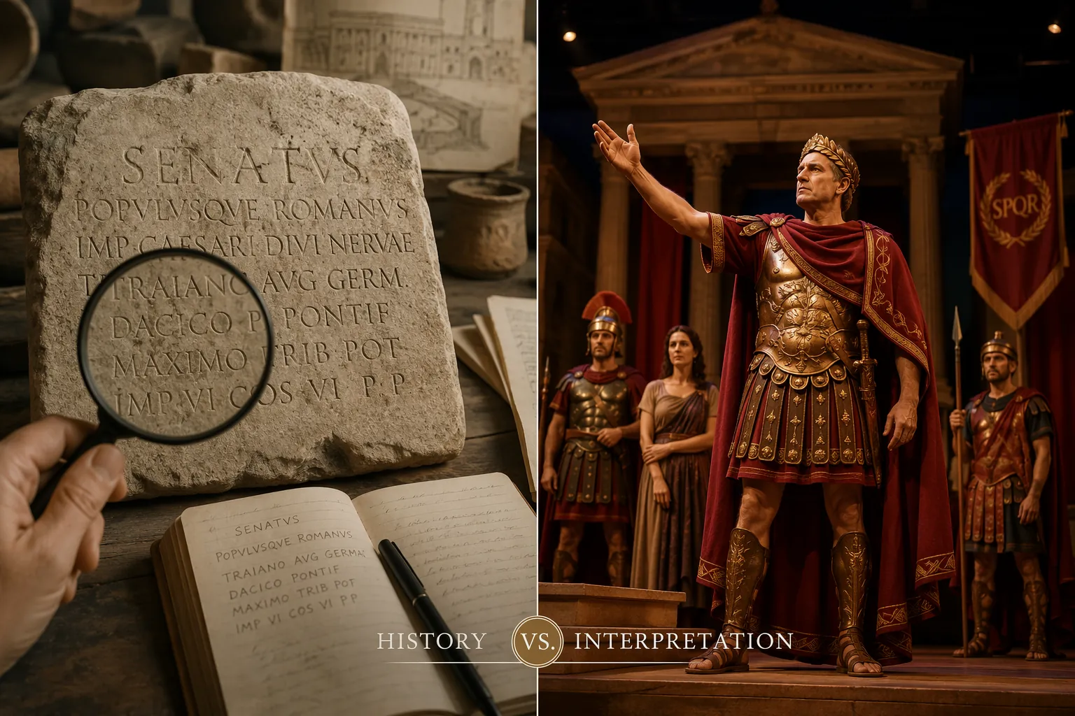 Split image contrasting Latin inscriptions under examination with a Roman reenactment scene