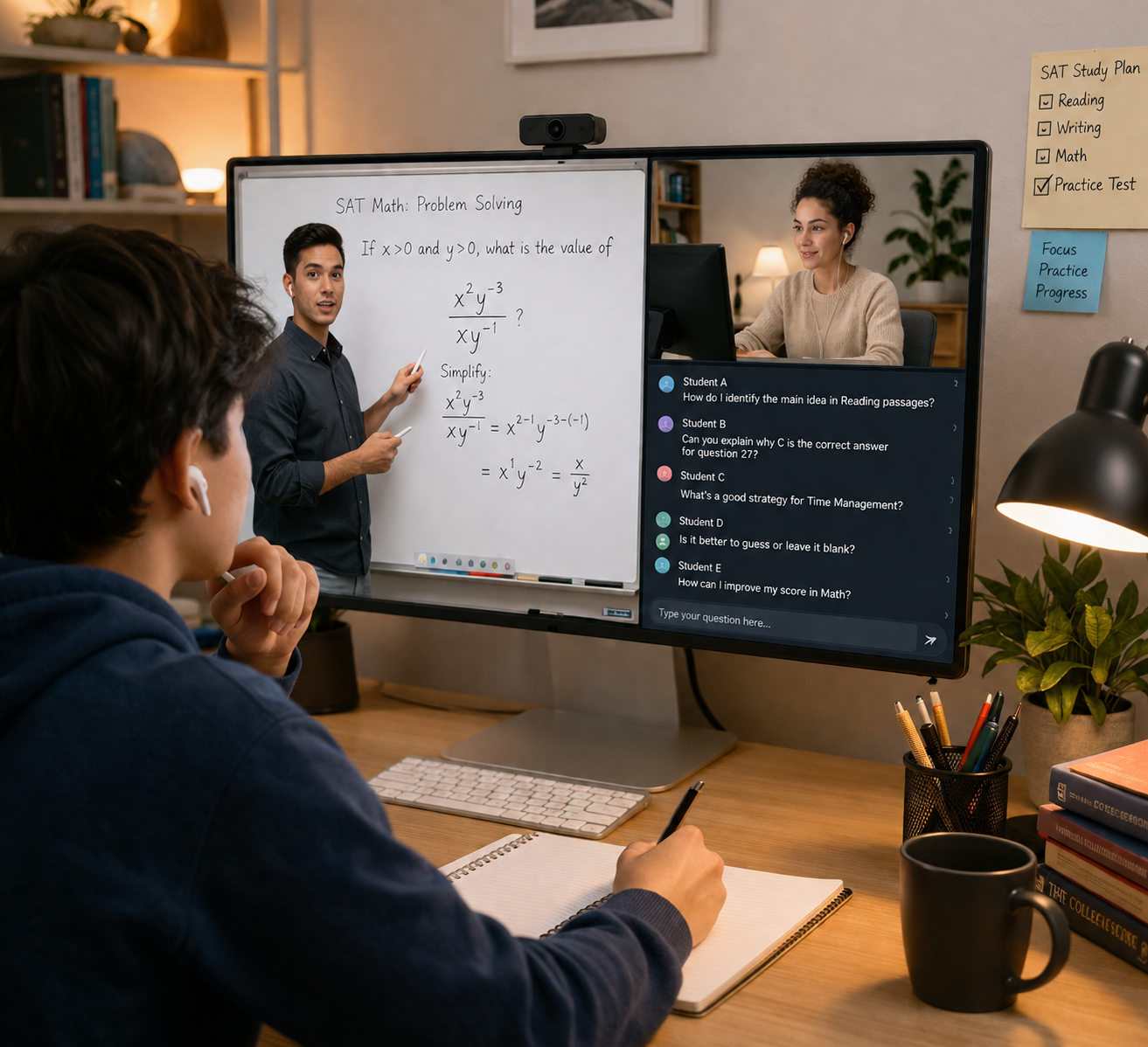 Student watching a live online SAT class with one instructor teaching and another monitoring chat