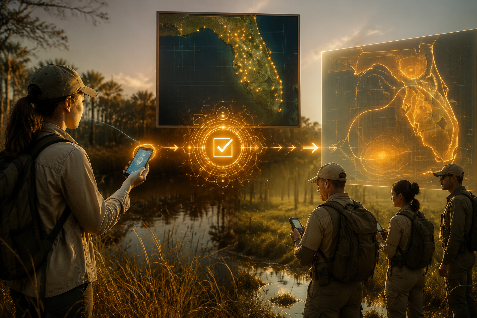 Left-to-right data pipeline for invasive python management in Florida wetlands, from public smartphone reporting to verification, field GPS work, and predictive mapping