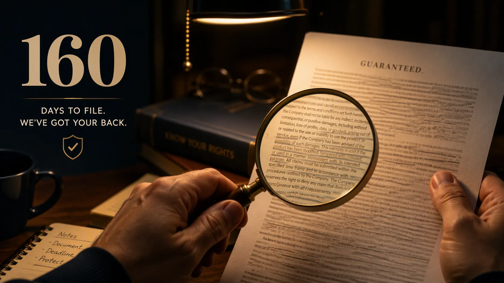 Hands using a magnifying glass to inspect guarantee fine print beside a clear 160-point number