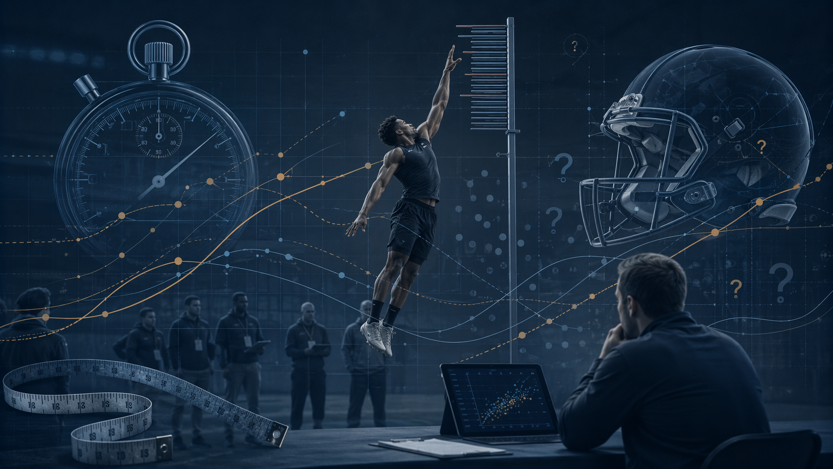 Football combine equipment with data graphics and question marks showing uncertainty in athletic measurement