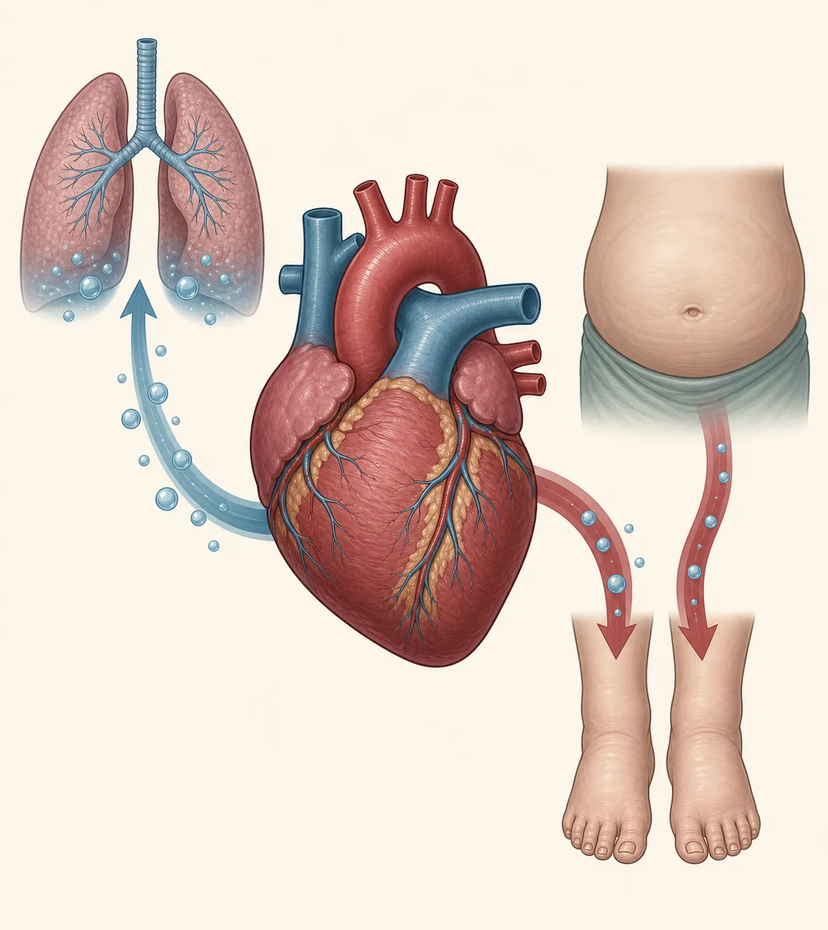 Heart illustration showing congestion moving toward lungs on one side and toward legs and abdomen on the other