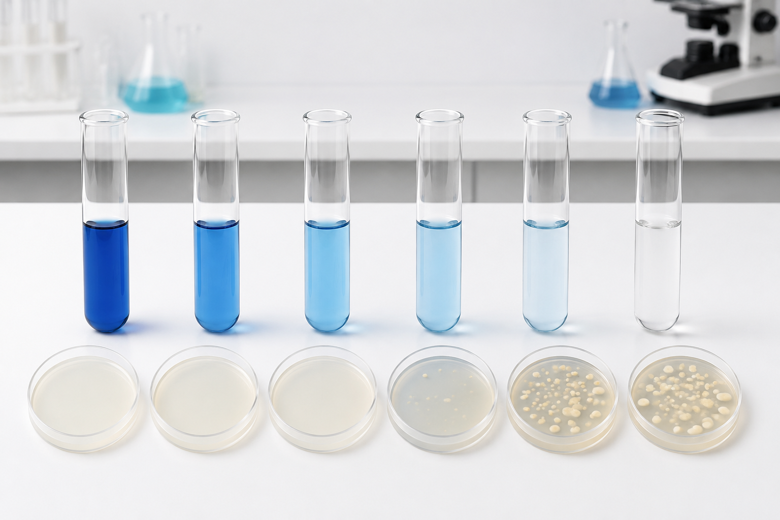 Blue test tubes fading from dark to clear with petri dishes showing fewer colonies as the solution gets stronger.