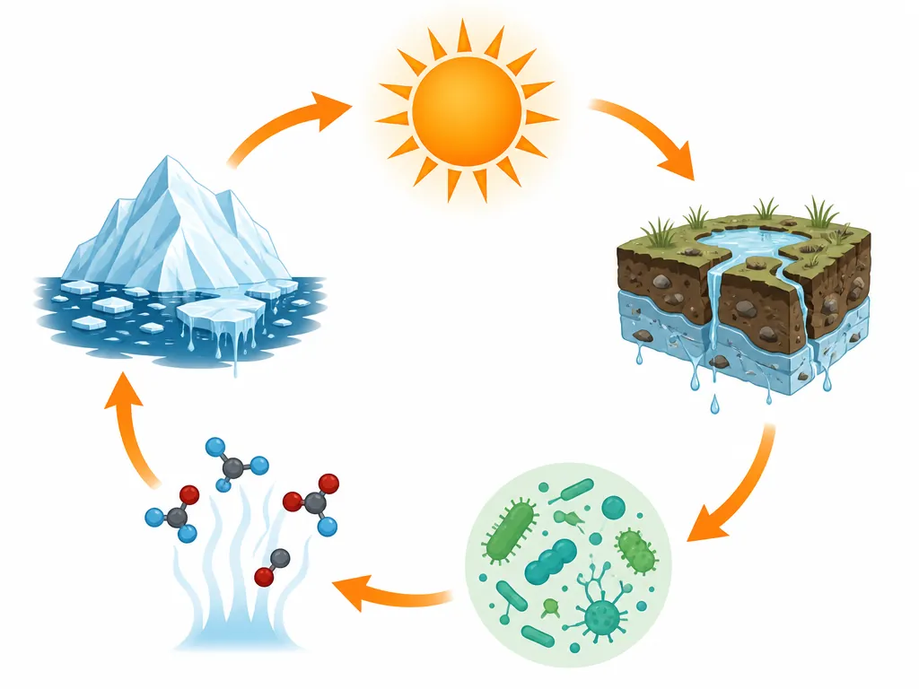 Circular feedback-loop diagram showing permafrost thaw, microbes, rising gases, warming, and further thaw