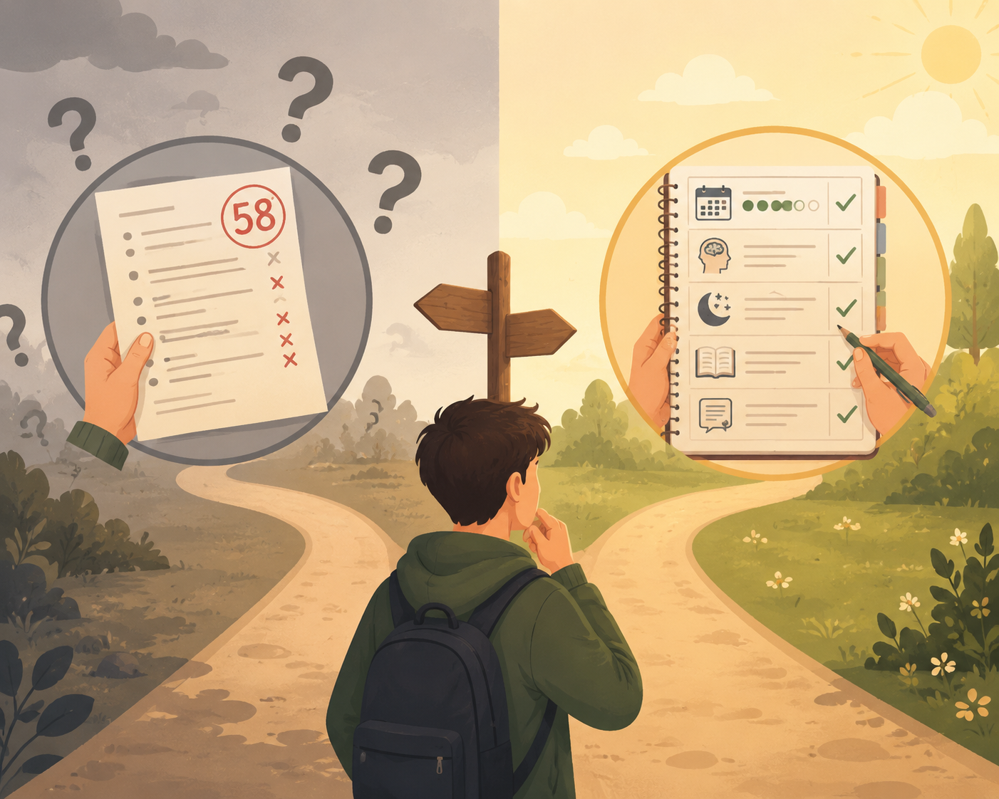 Student choosing between judging one exam result and reviewing a study log with spaced repetition, active recall, and sleep