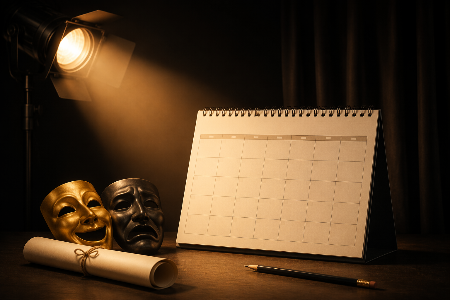 Open desk calendar on a dark stage beside theater masks, a rolled script, and a pencil