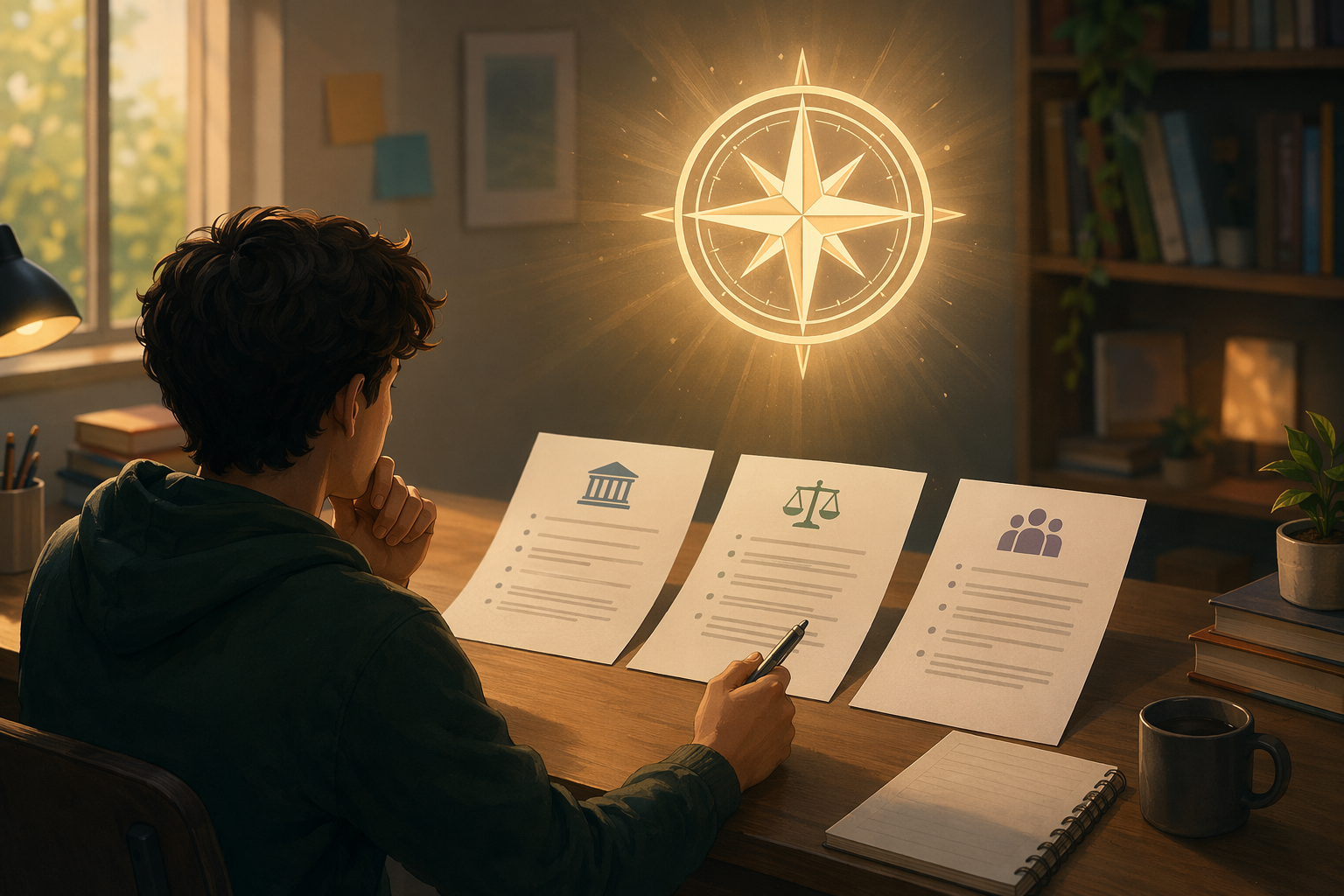 A college student comparing three syllabi while a compass symbol represents the Learning Test