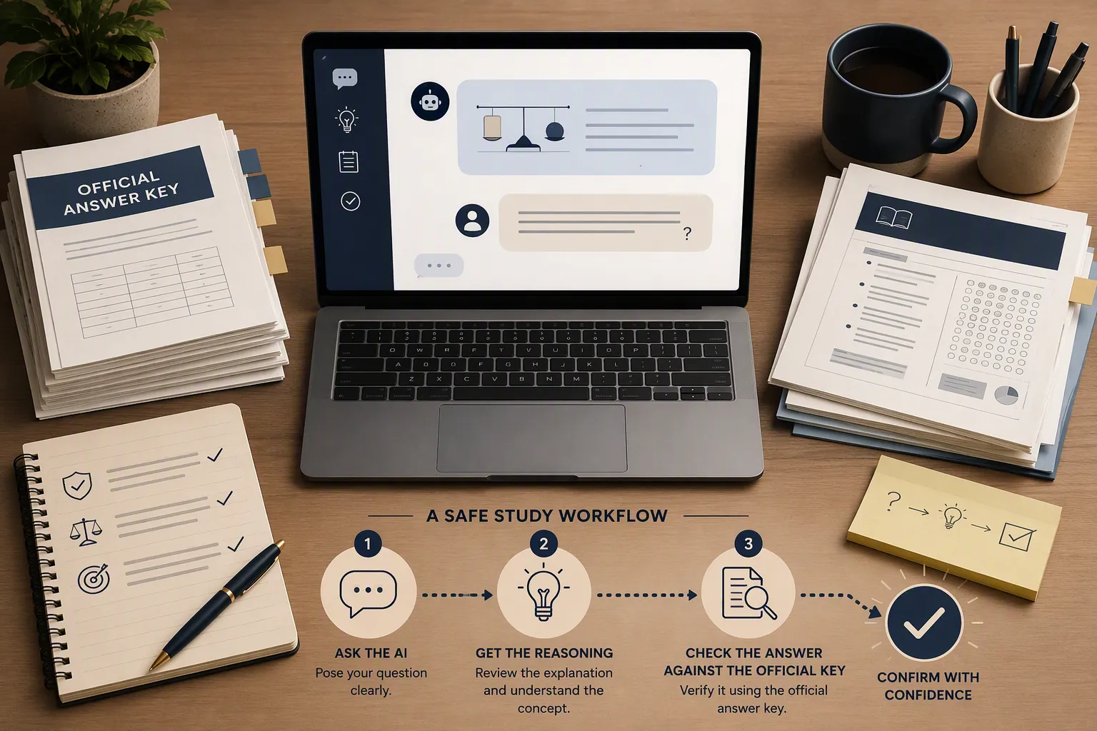 Safe AI study workflow with a laptop explanation checked against official answer keys and printed test materials