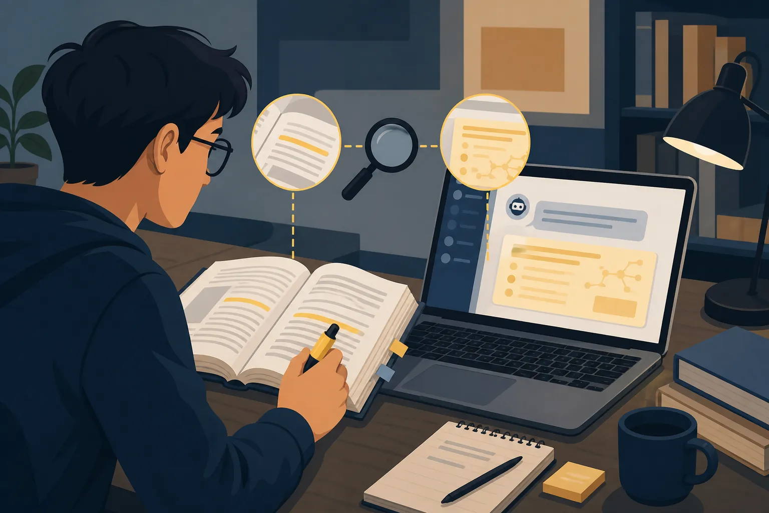 Student cross-checking an AI chat answer against an exam-prep textbook