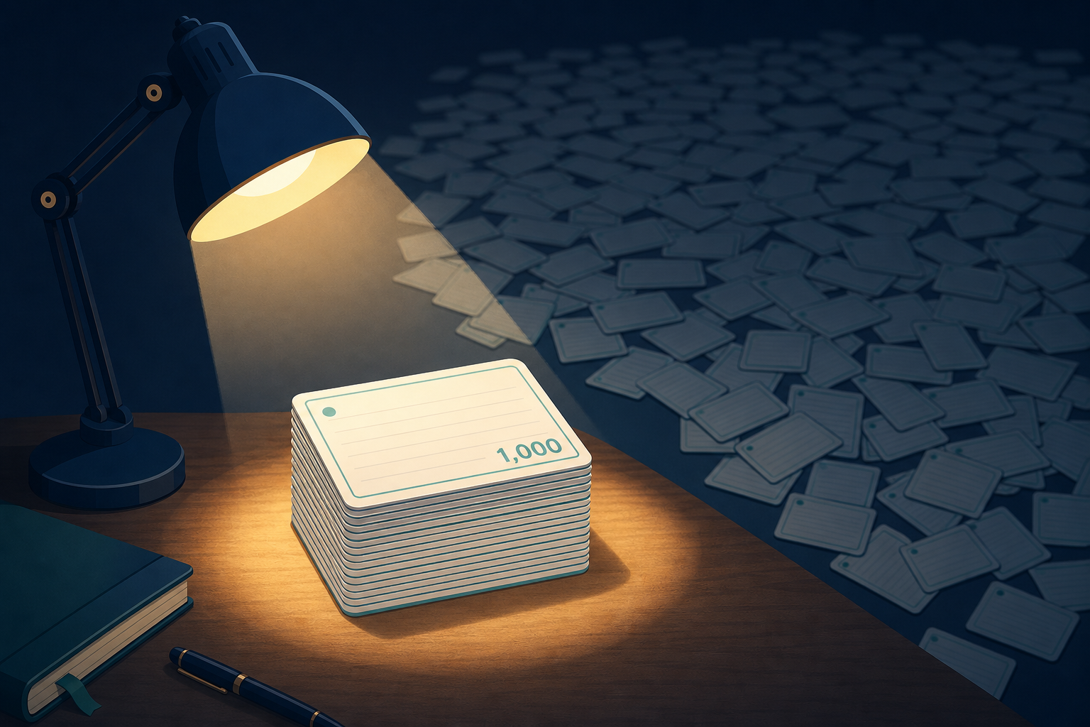 A desk scene with a warm spotlight illuminating a small focused stack of about 10 flashcards with the number 1,000 on the top card, while hundreds of tiny scattered flashcards fade into the dark background.