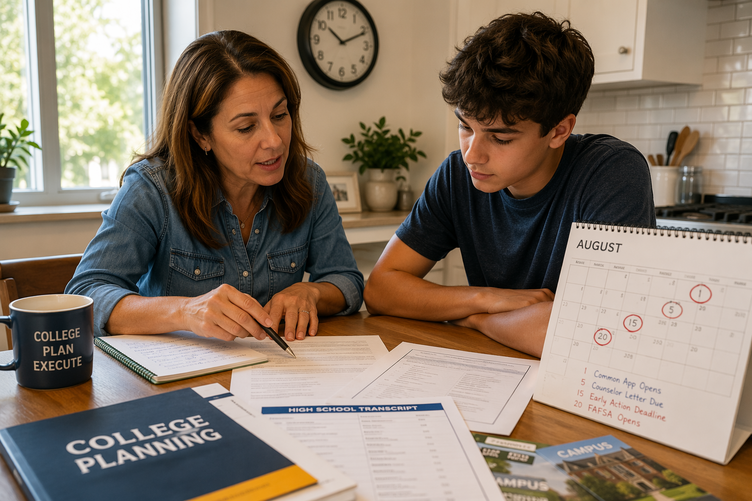Parent and teenager reviewing school documents and an August calendar at a kitchen table