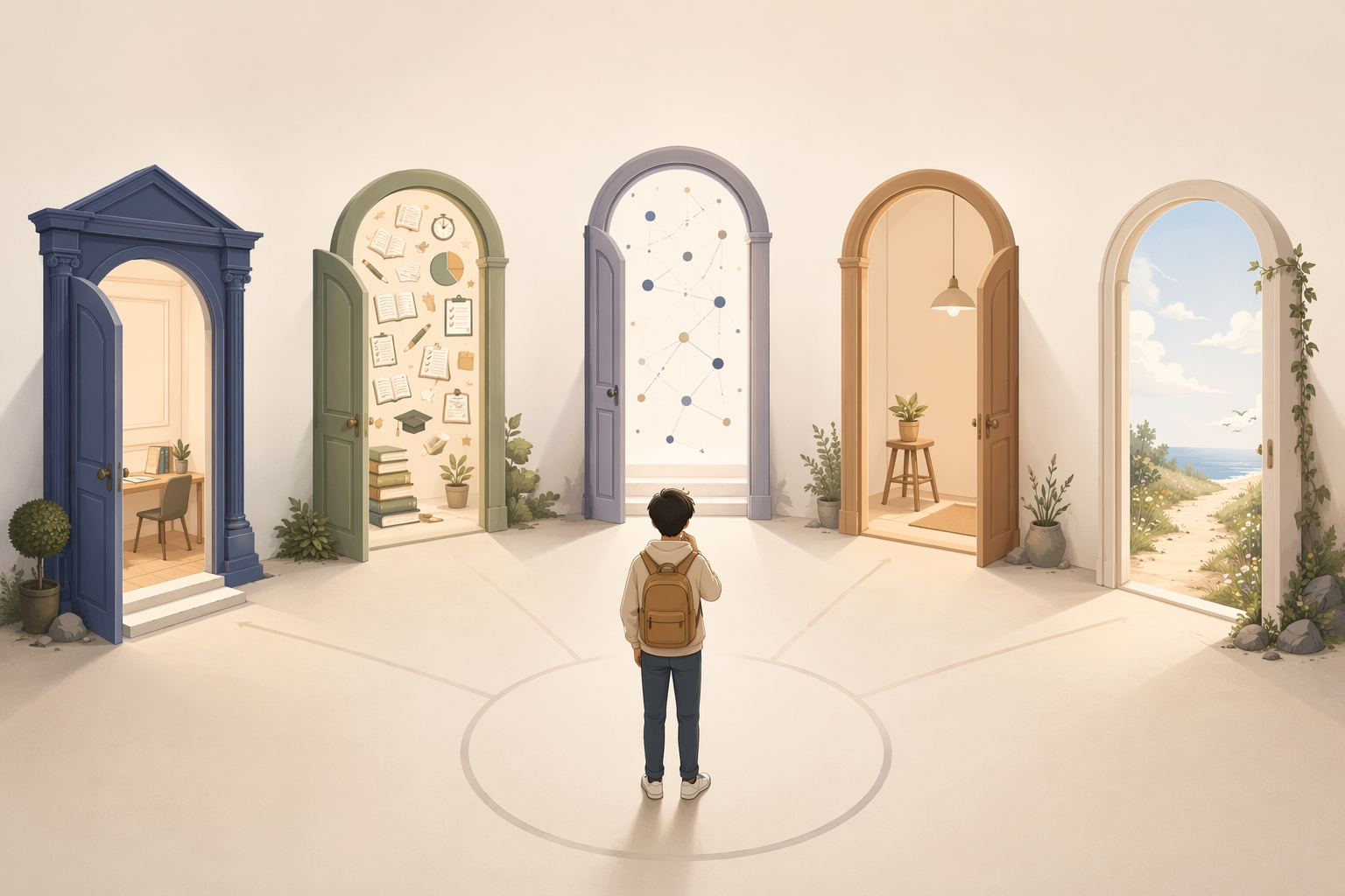 A student chooses among five doorway-like SAT prep paths representing structure, practice volume, adaptivity, budget study, and free prep