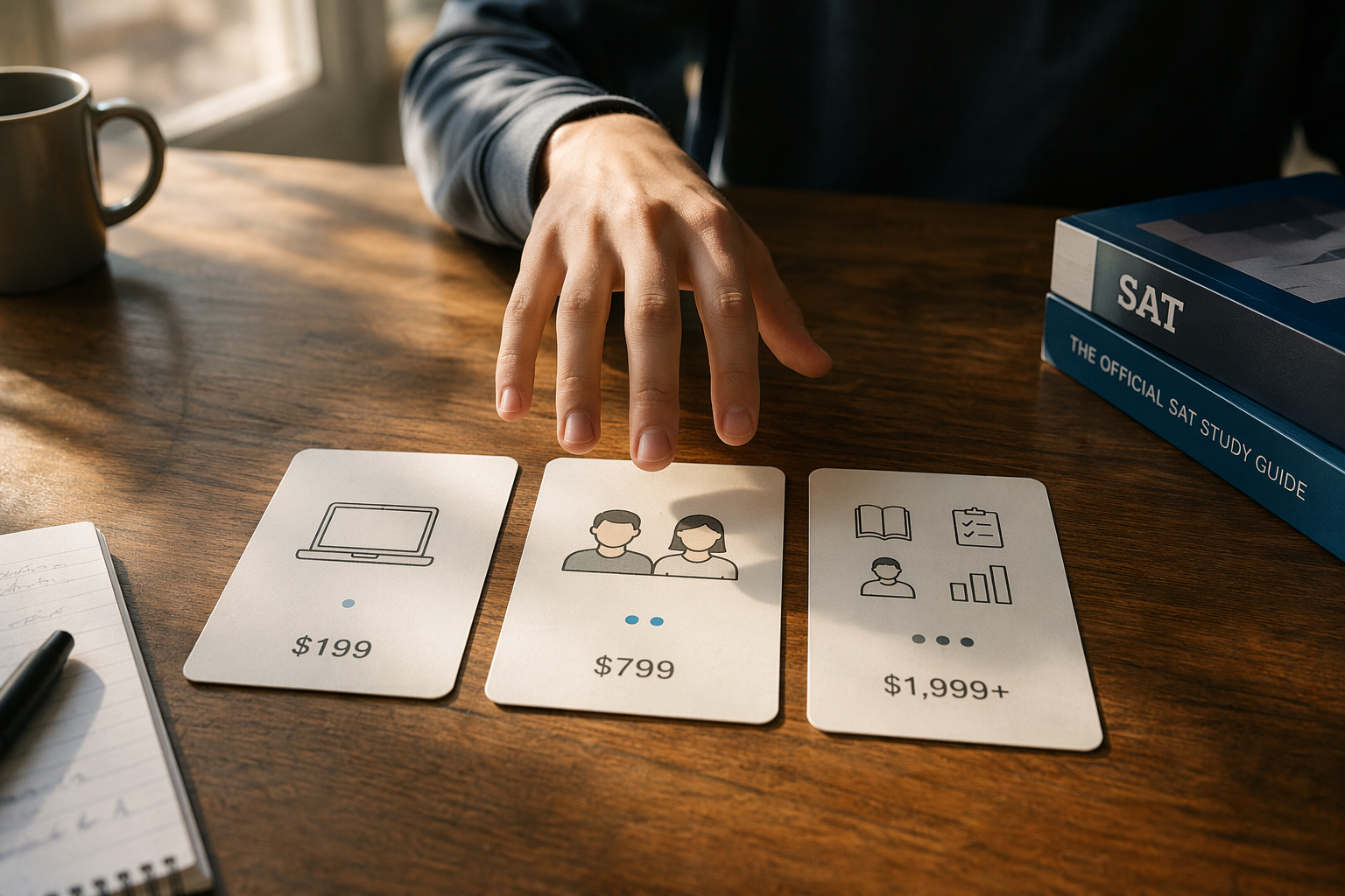 Student comparing three SAT prep package cards with self-study, live-class, and multi-exam pricing
