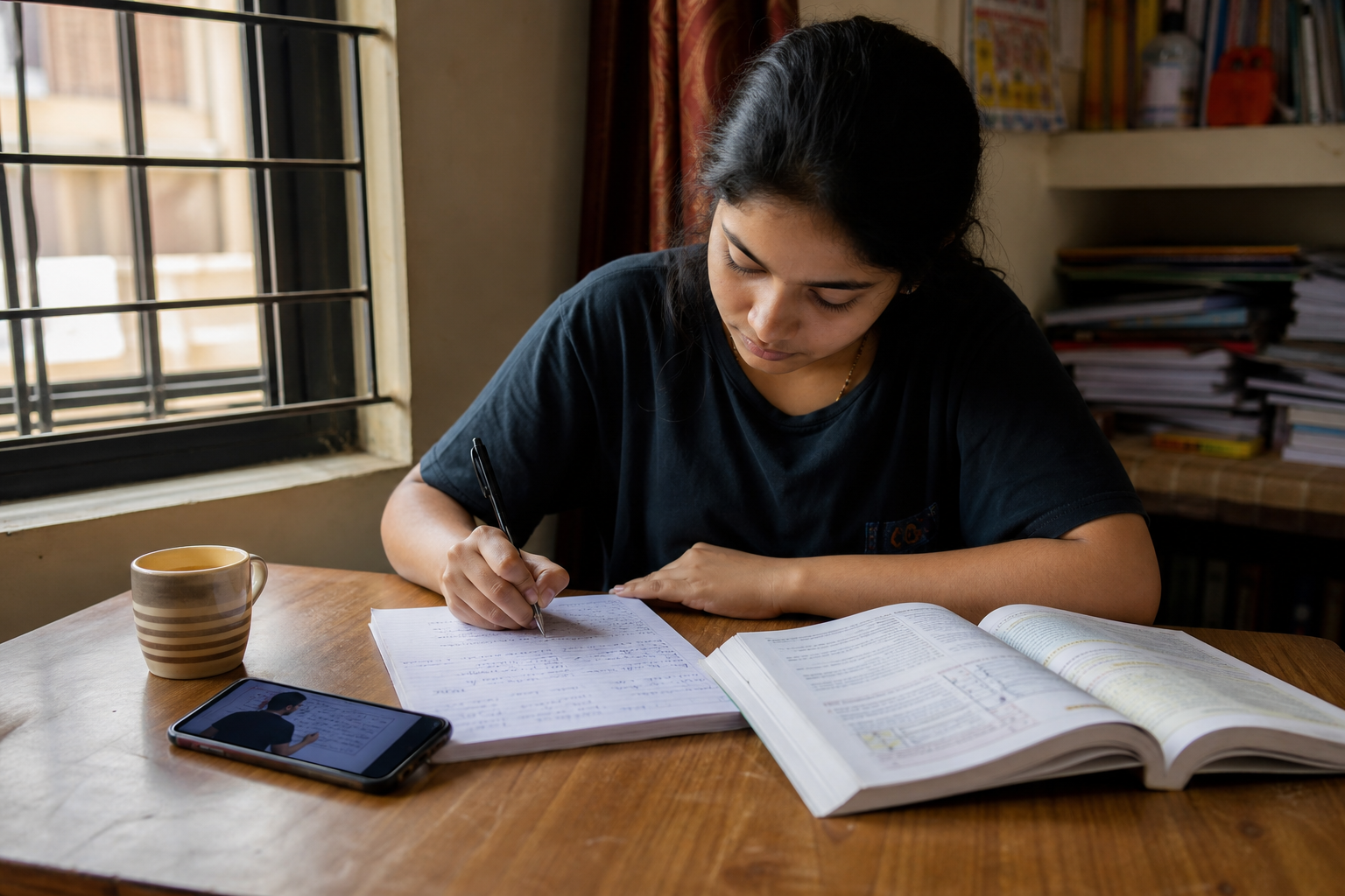 Indian student studying at a desk with textbooks, notes, chai, and a budget smartphone showing a paused video lecture