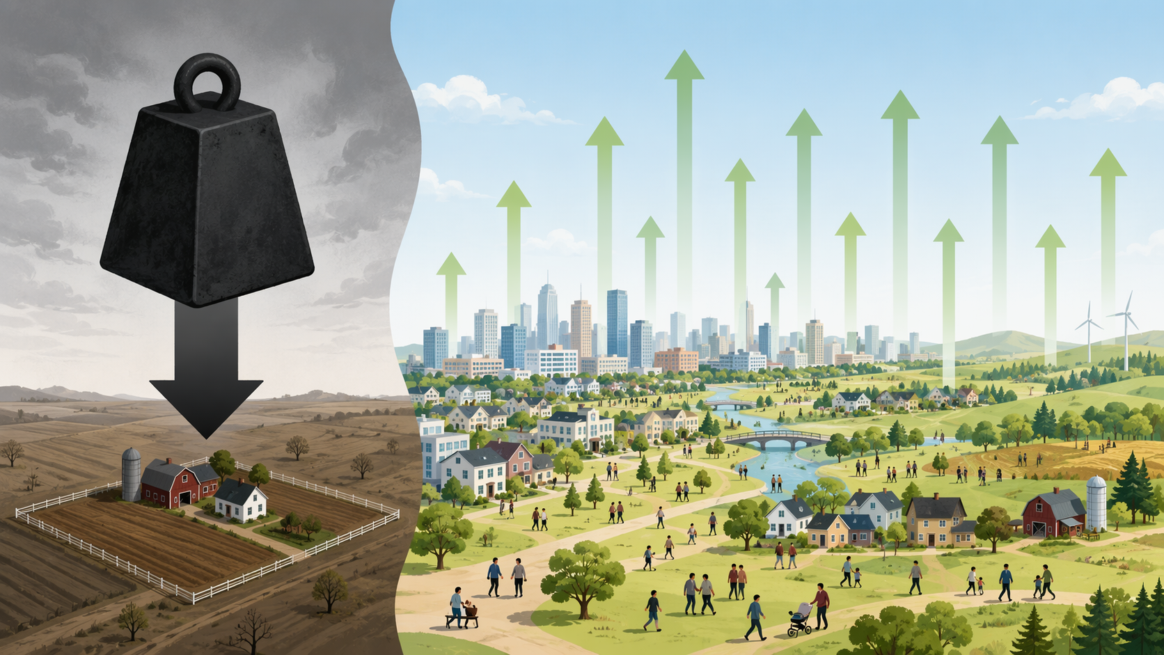 Private farmland carrying concentrated regulatory costs beside a broad landscape receiving dispersed public benefits