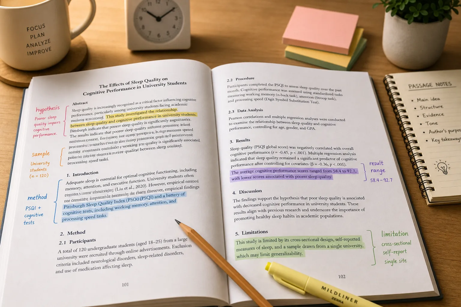 Annotated scientific research paper with notes for hypothesis, sample, method, result range, and limitation