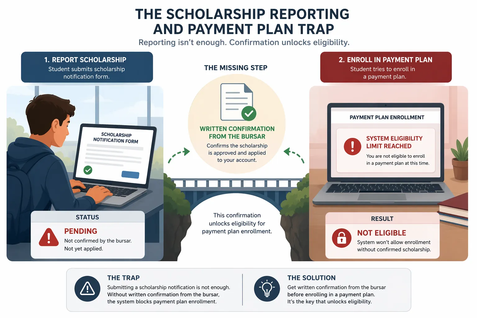 Student scholarship marked pending beside a payment plan screen showing a system eligibility limit error