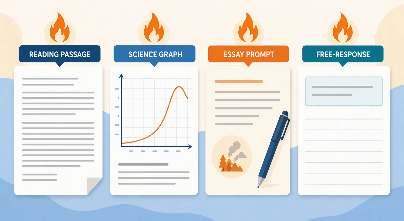 The wildfire topic shown as a reading passage, science graph, essay prompt, and free-response box