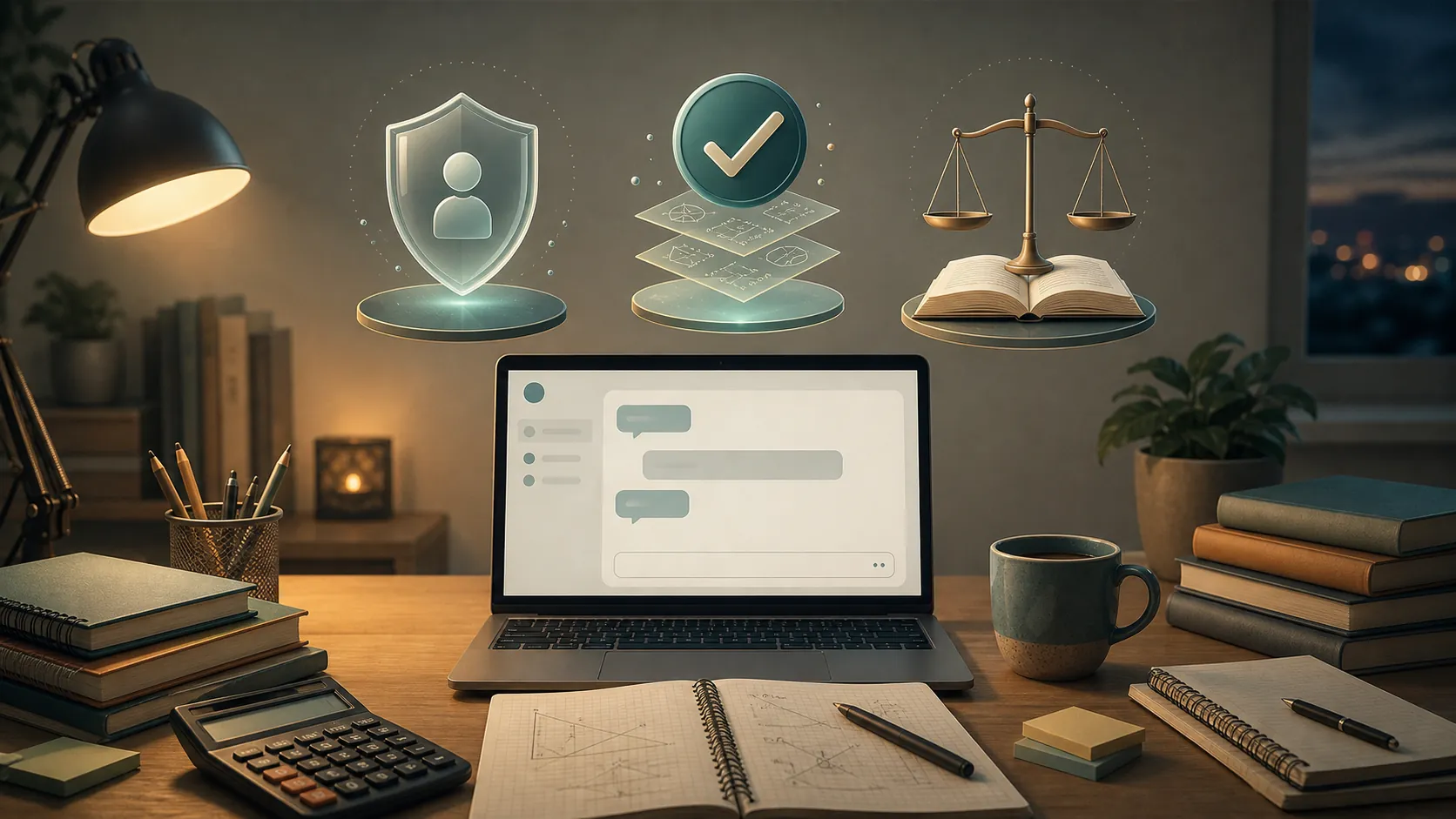 Student study desk with AI chat, notebooks, calculator, and three safety verdict emblems for privacy, accuracy, and academic integrity