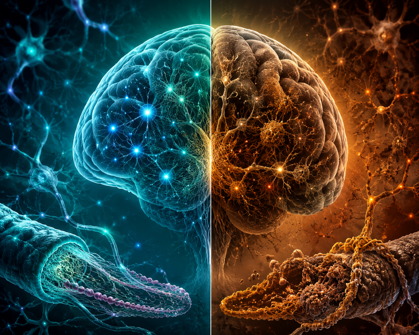 Split illustration contrasting organized neural circuits during controlled T205 phosphorylation with disrupted tau tangles in Alzheimer’s disease