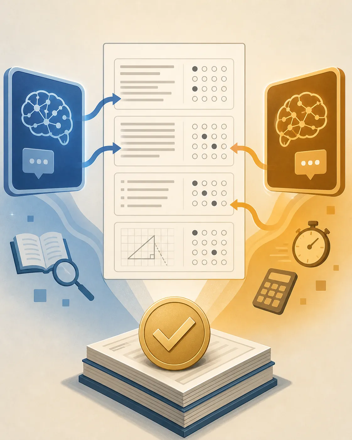 Exam sections divided between two AI tools while official test booklets remain the ground truth