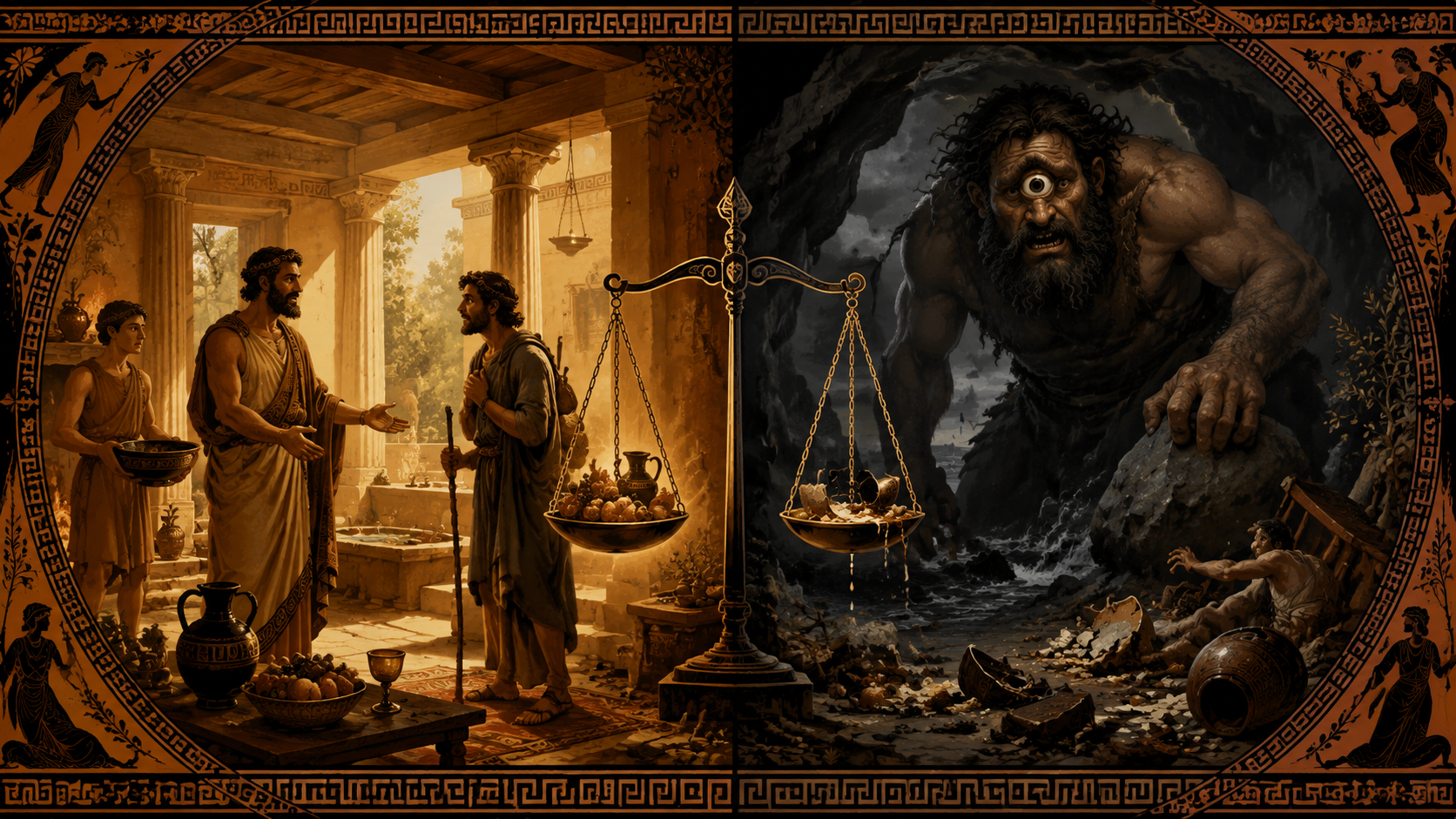 Split scene contrasting proper Greek hospitality with a chaotic Cyclops cave