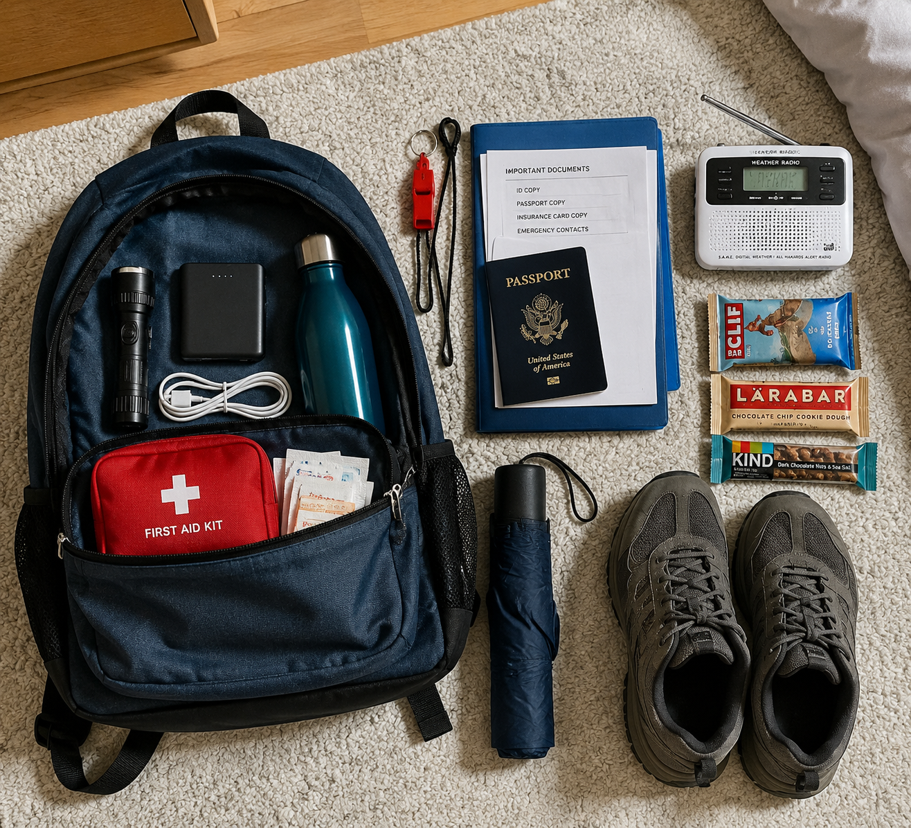 Student emergency kit laid out beside an open backpack with flashlight, charger, water bottle, first aid kit, whistle, documents, radio, snacks, umbrella, and sturdy shoes