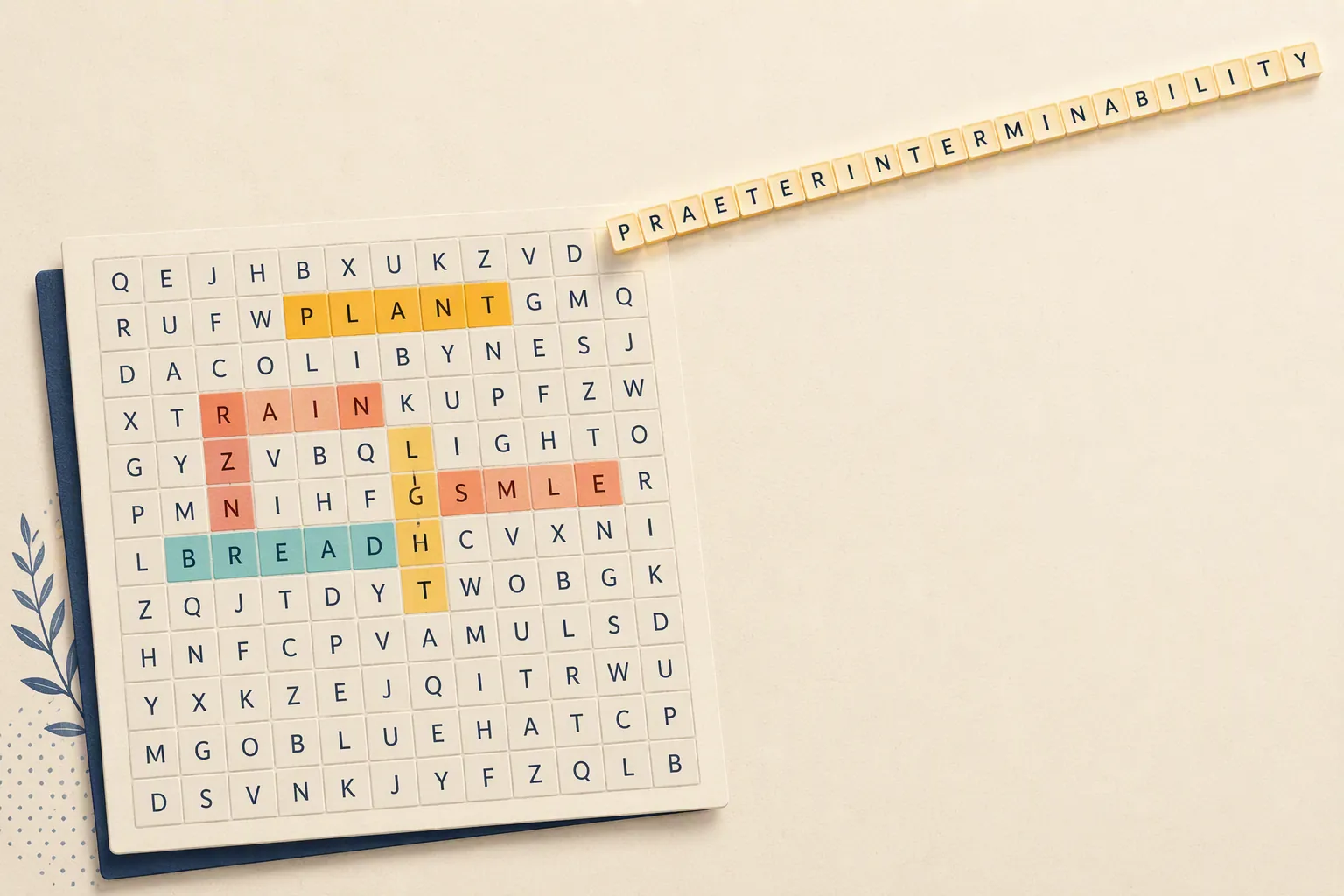 Cream-and-gray word-search board with compact highlighted word clusters and one long trail extending beyond the board