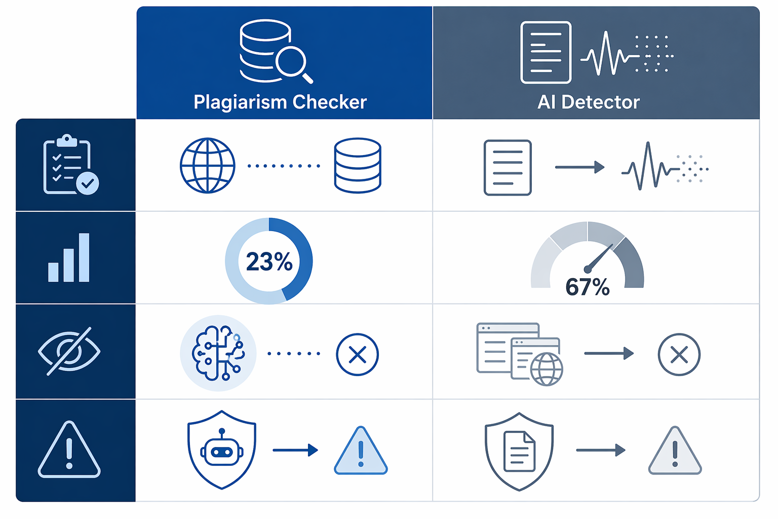 Two-column comparison grid contrasting plagiarism checkers and AI detectors