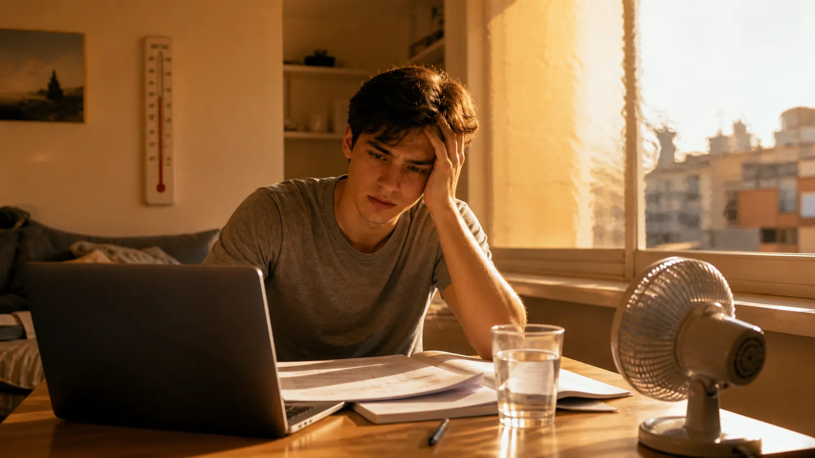 Student studying in a sunlit room during a heat wave with a fan and glass of water nearby