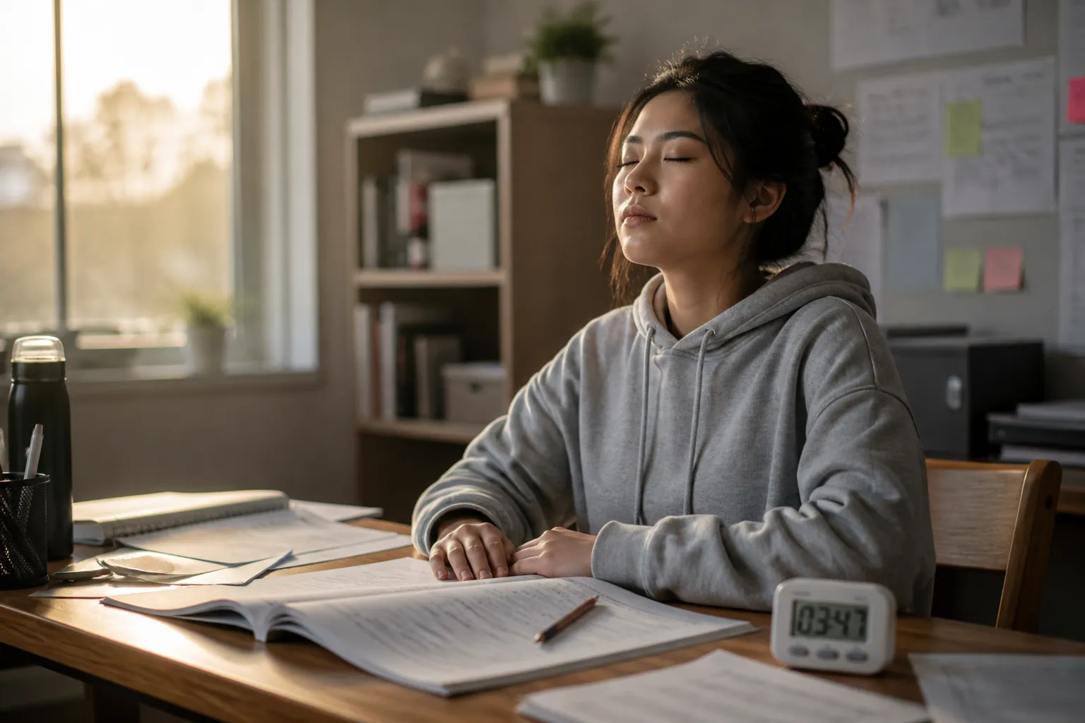 Student pausing from exam prep with eyes closed at a desk with a practice booklet, notes, and timer
