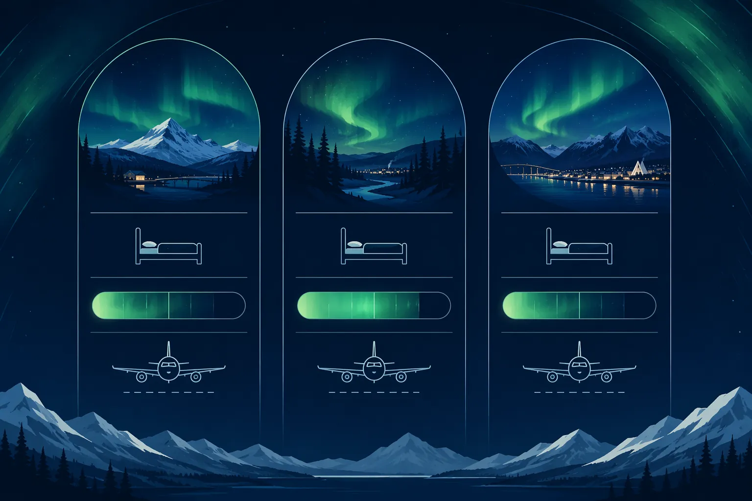Comparison graphic showing Abisko, Fairbanks, and Tromsø with dorm bed, aurora probability, and flight icons