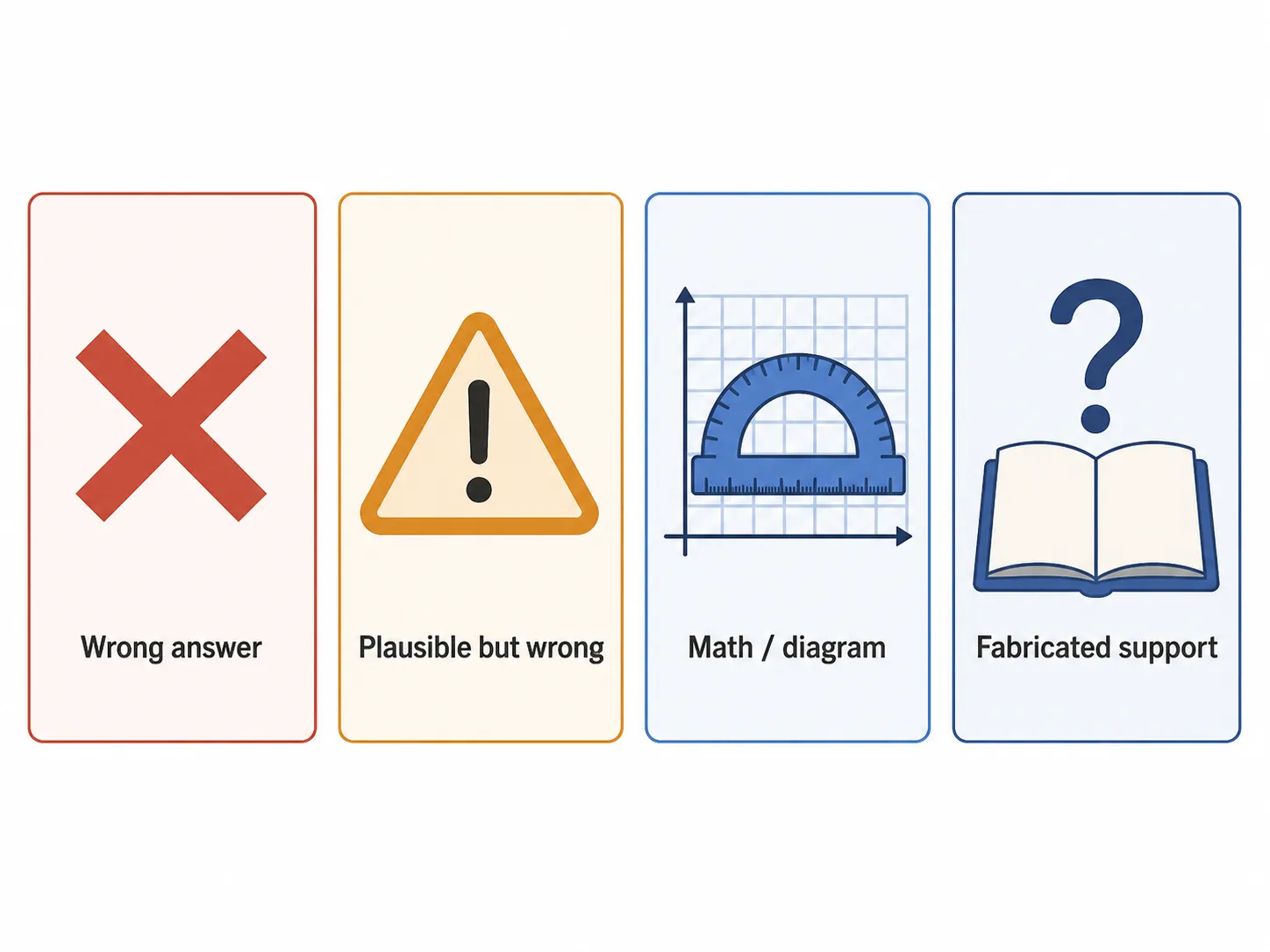 Four-panel diagram showing wrong answer, plausible but wrong reasoning, math or diagram failure, and fabricated support